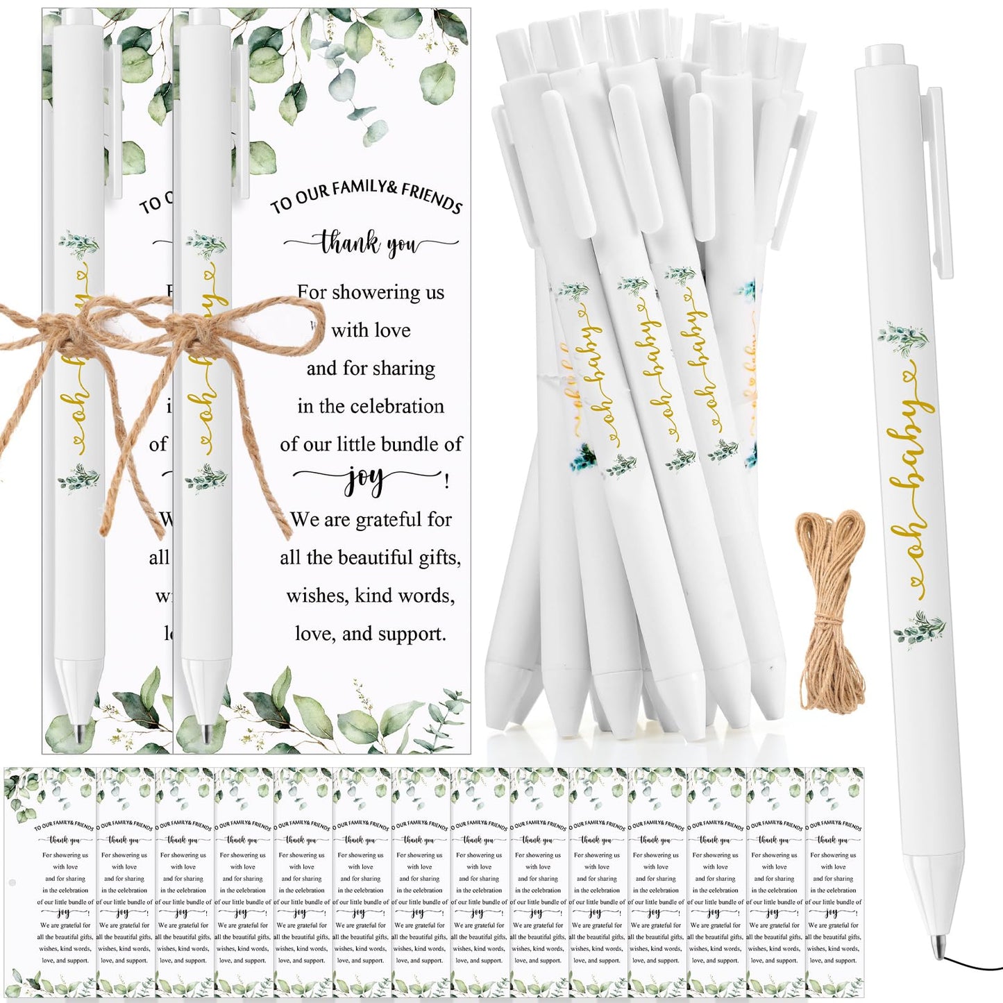 50 Set Baby Shower Pens Greenery Sage Ballpoint Pens with Woodland Cards
