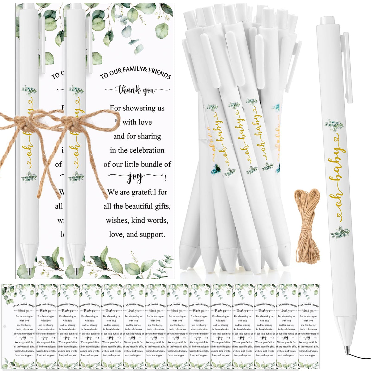 50 Set Baby Shower Pens Greenery Sage Ballpoint Pens with Woodland Cards