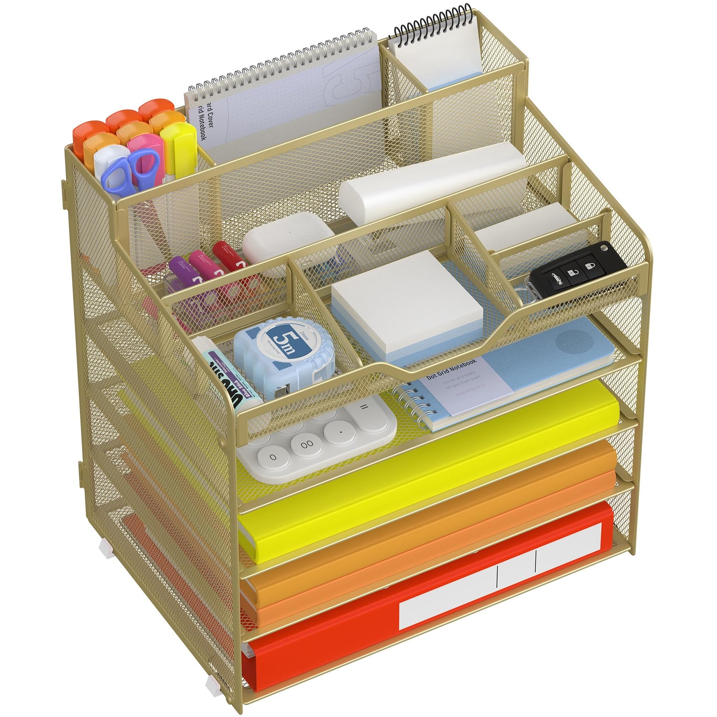 Docnest 5 Tier Mesh Desk Organizer with Letter Tray & Paper Sorter, Gold
