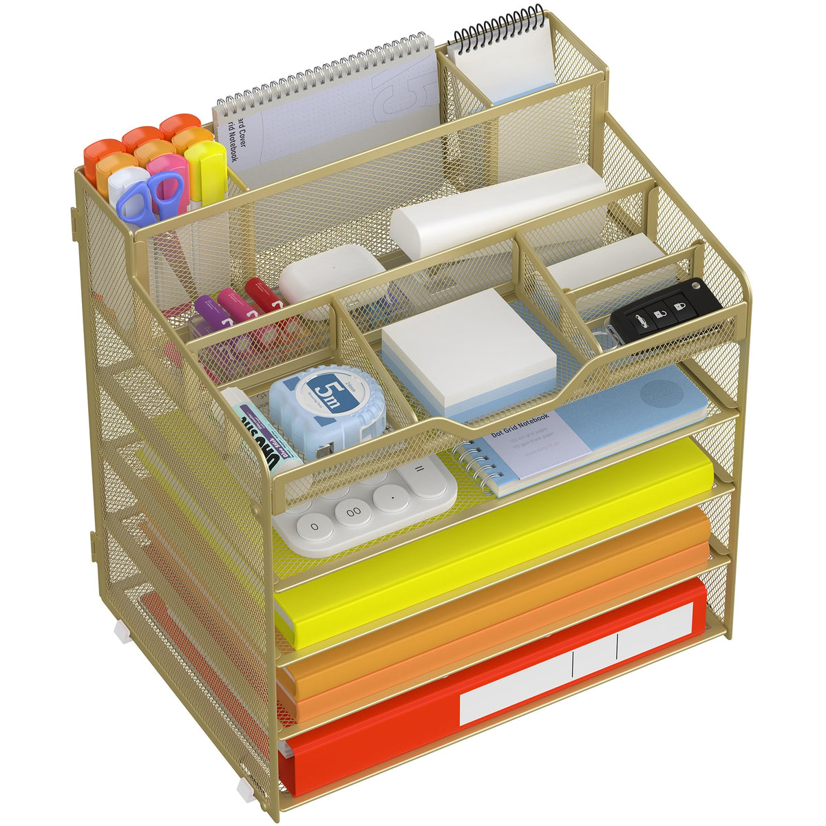 Docnest 5 Tier Mesh Desk Organizer with Letter Tray & Paper Sorter, Gold