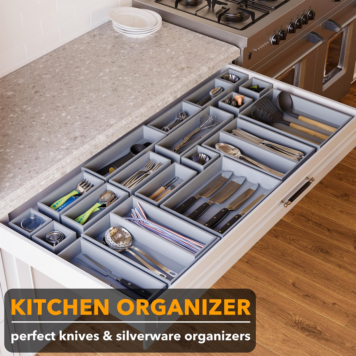 SpaceAid 21-Piece Bamboo Drawer Organizer Storage Boxes Set, Wood Tray Junk Drawer Organizers