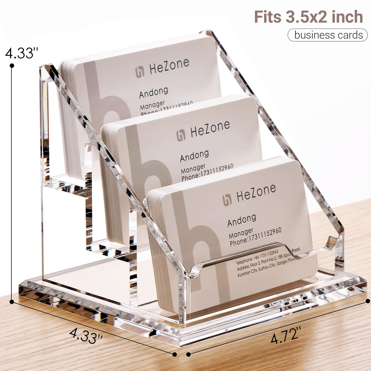 HeZone Acrylic Card Holder Clear Horizontal Business Card Organizer Stand for Desk 3 Slots 3 Tier