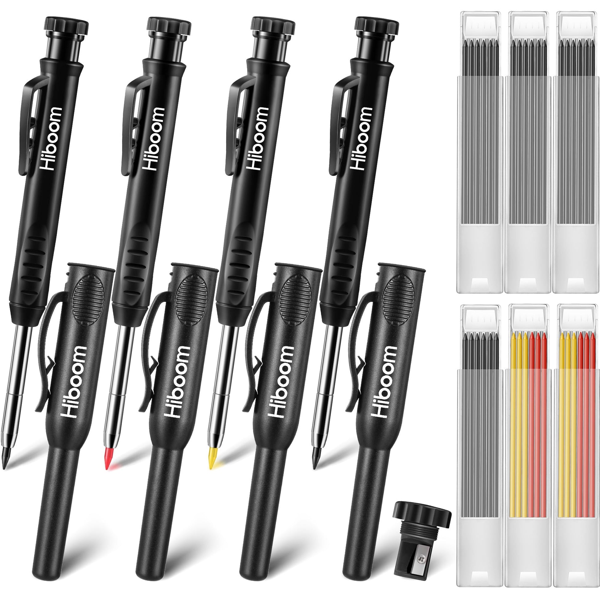 Hiboom 4 Pack Carpenter Pencil with 36 Refills Built In Sharpener (Black)