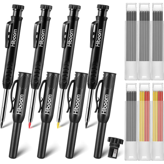 Hiboom 4 Pack Carpenter Pencil with 36 Refills Built In Sharpener (Black)