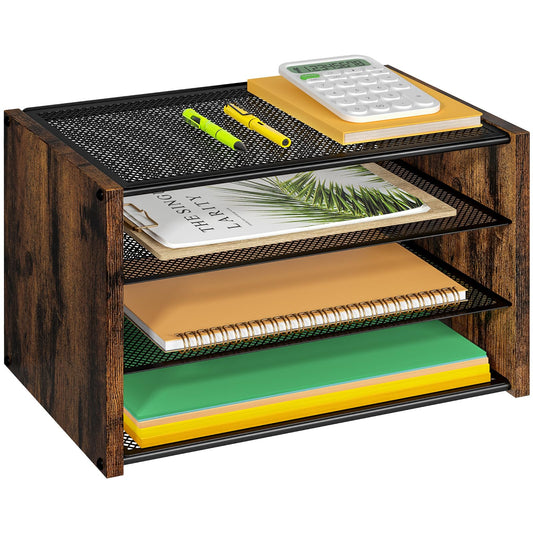 DAOUTIME 3-Tier Paper Letter Tray, Wooden Desk File Organizer, Stackable Metal Mesh Desk Organizer
