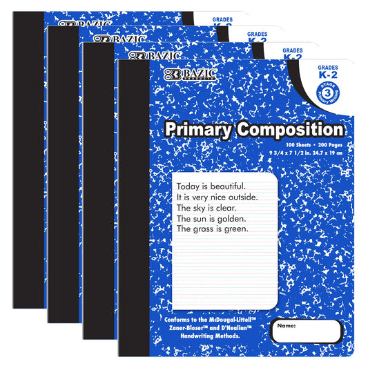 BAZIC PRODUCTS Primary Composition Notebook, Grades K-2, Marble, 4-Pack