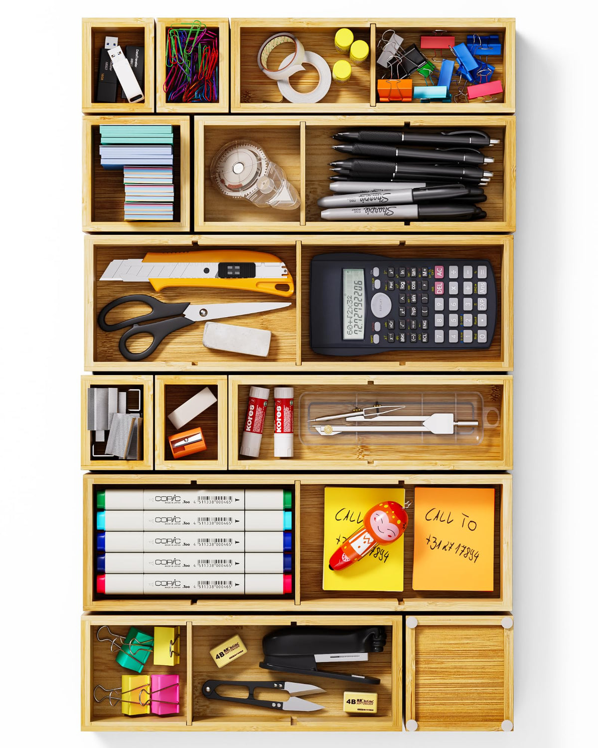 12-Piece Bamboo Drawer Organizer Set, 24 Compartments Modular Storage