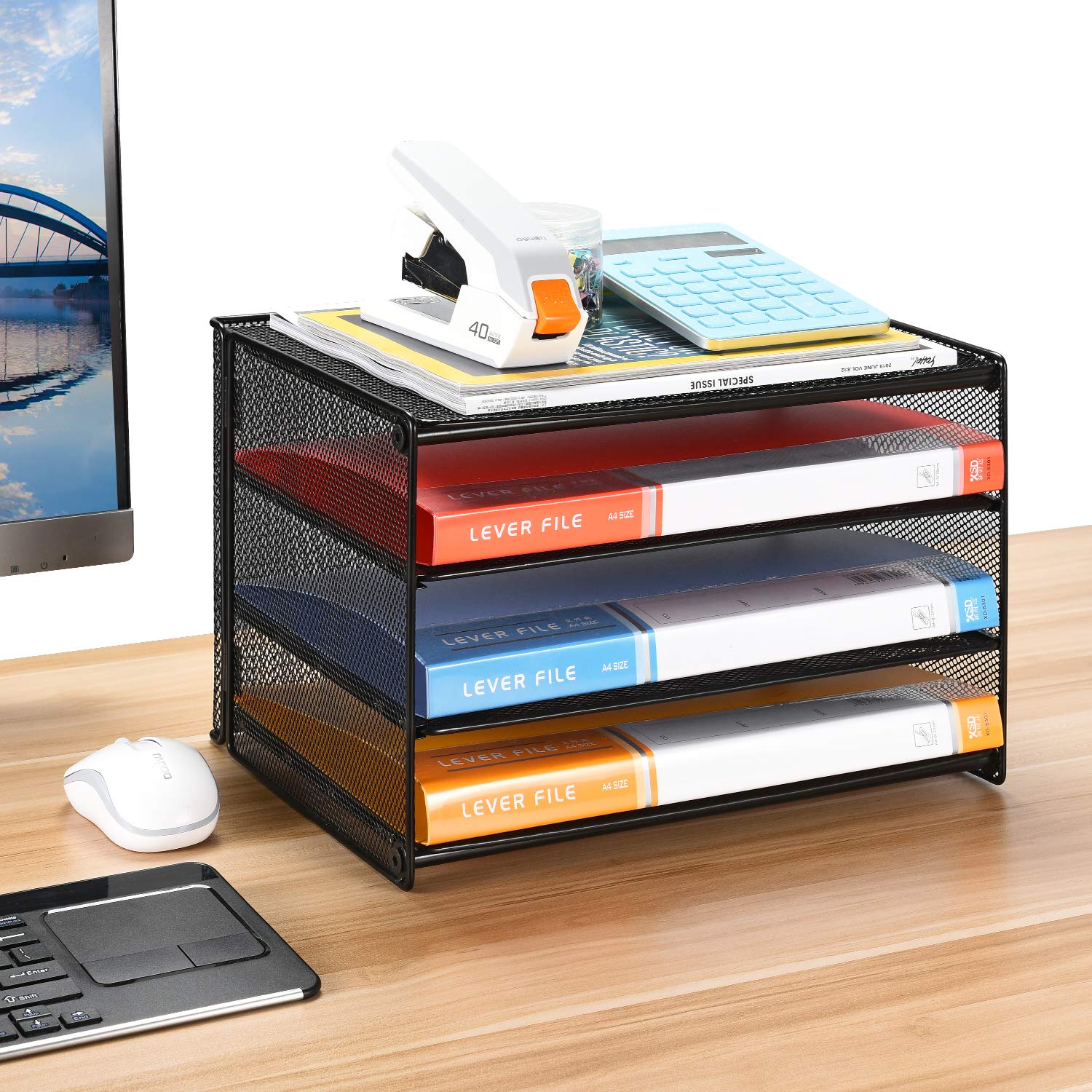 Samstar 2 Pack Paper Letter Tray, 3-Tier Desk File Organizer Paper Sorter Letter Shelf Rack, Mesh