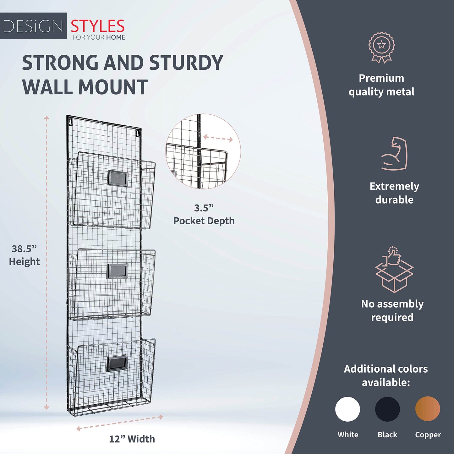 Designstyles Three Tier Wall File Holder – Durable Pewter Metal Rack with Spacious Slots for Easy