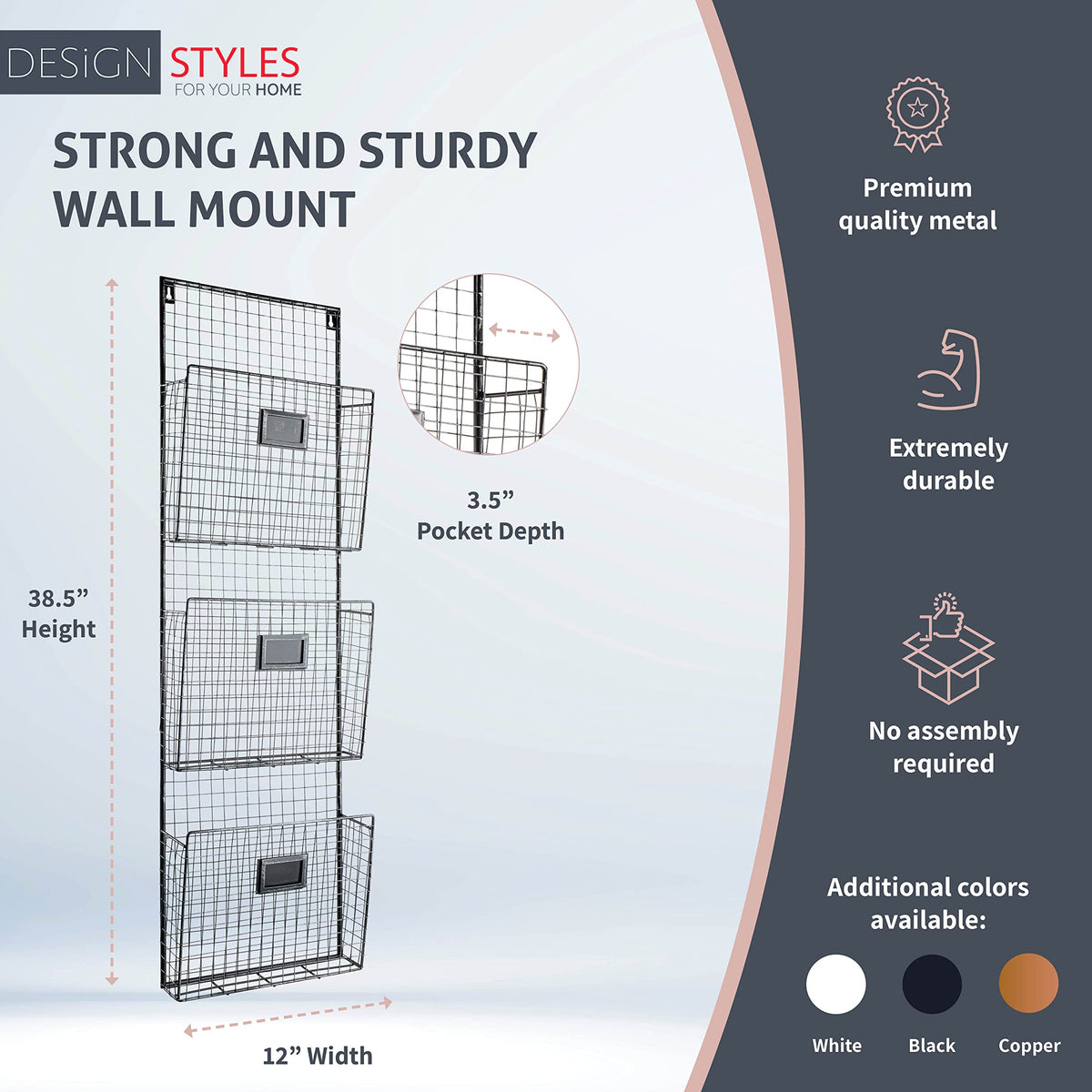 Designstyles Three Tier Wall File Holder – Durable Pewter Metal Rack with Spacious Slots for Easy