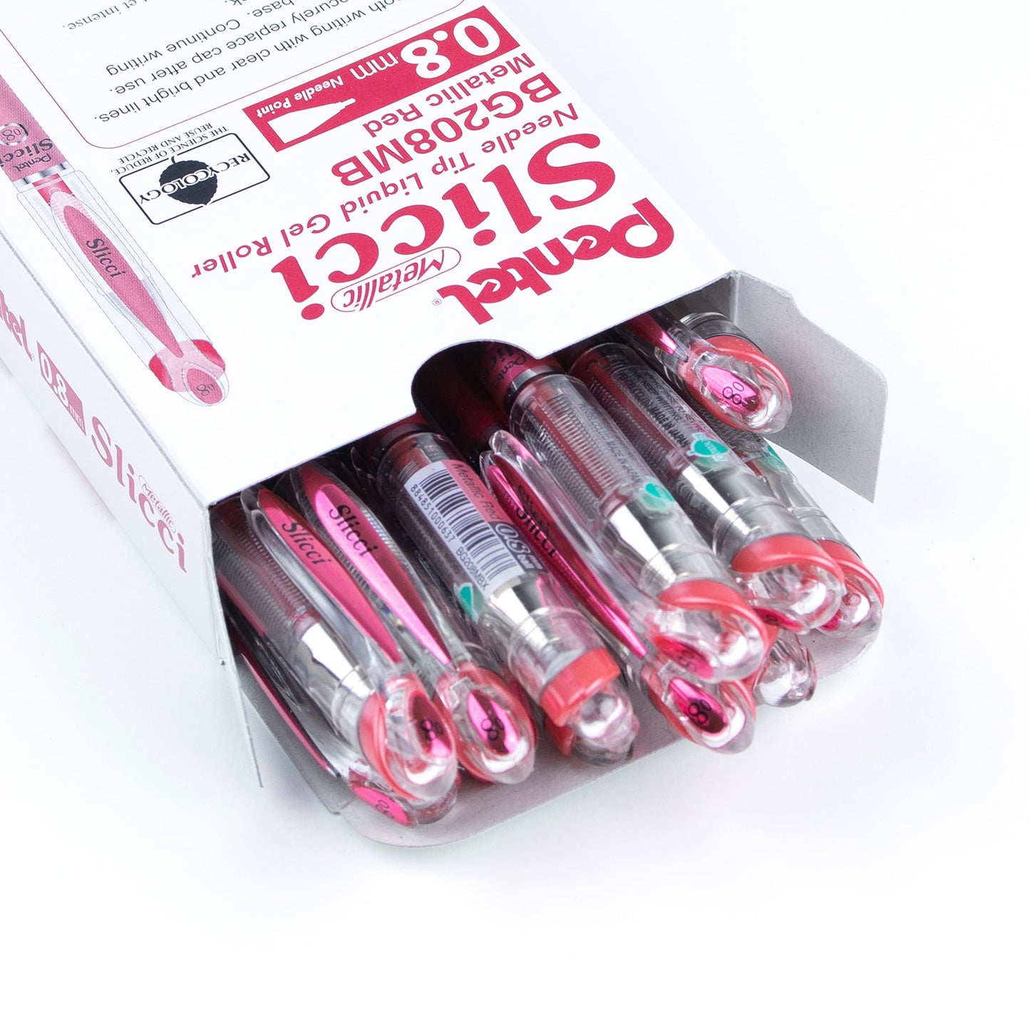 Pentel Arts Slicci Metallic 0.8 mm Needle Tip Gel Pen, Metallic Red Ink, Box of 12 (BG208-MB)