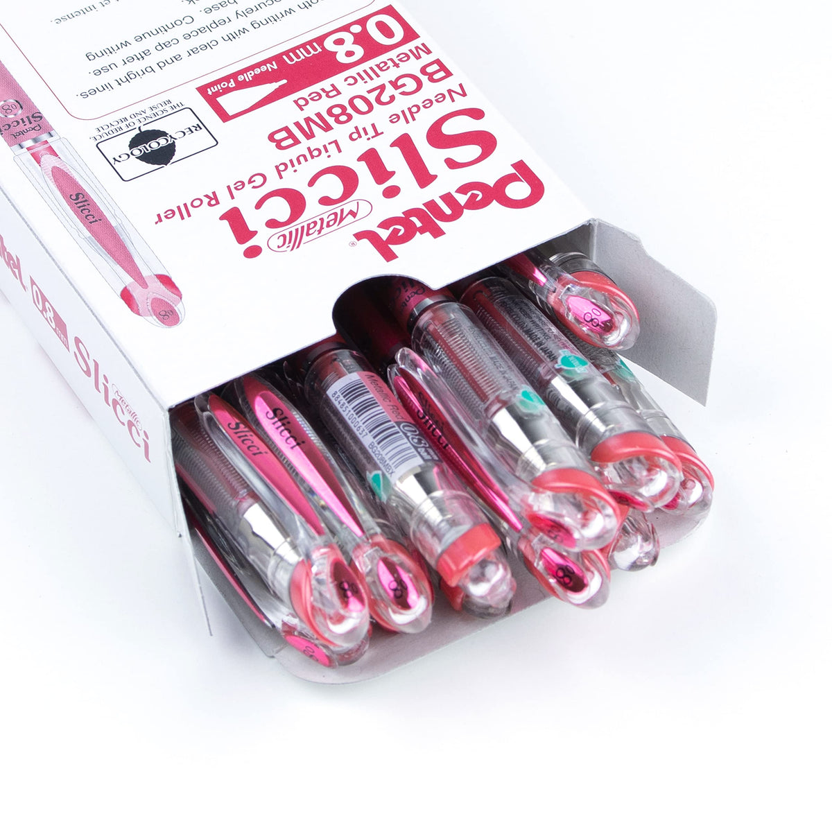 Pentel Arts Slicci Metallic 0.8 mm Needle Tip Gel Pen, Metallic Red Ink, Box of 12 (BG208-MB)