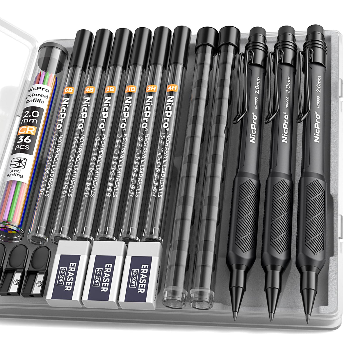 Nicpro 2.0 mm Mechanical Pencil Set, 3PCS Artist Lead Pencil Holder 2mm with 72PCS Lead Refills (4H