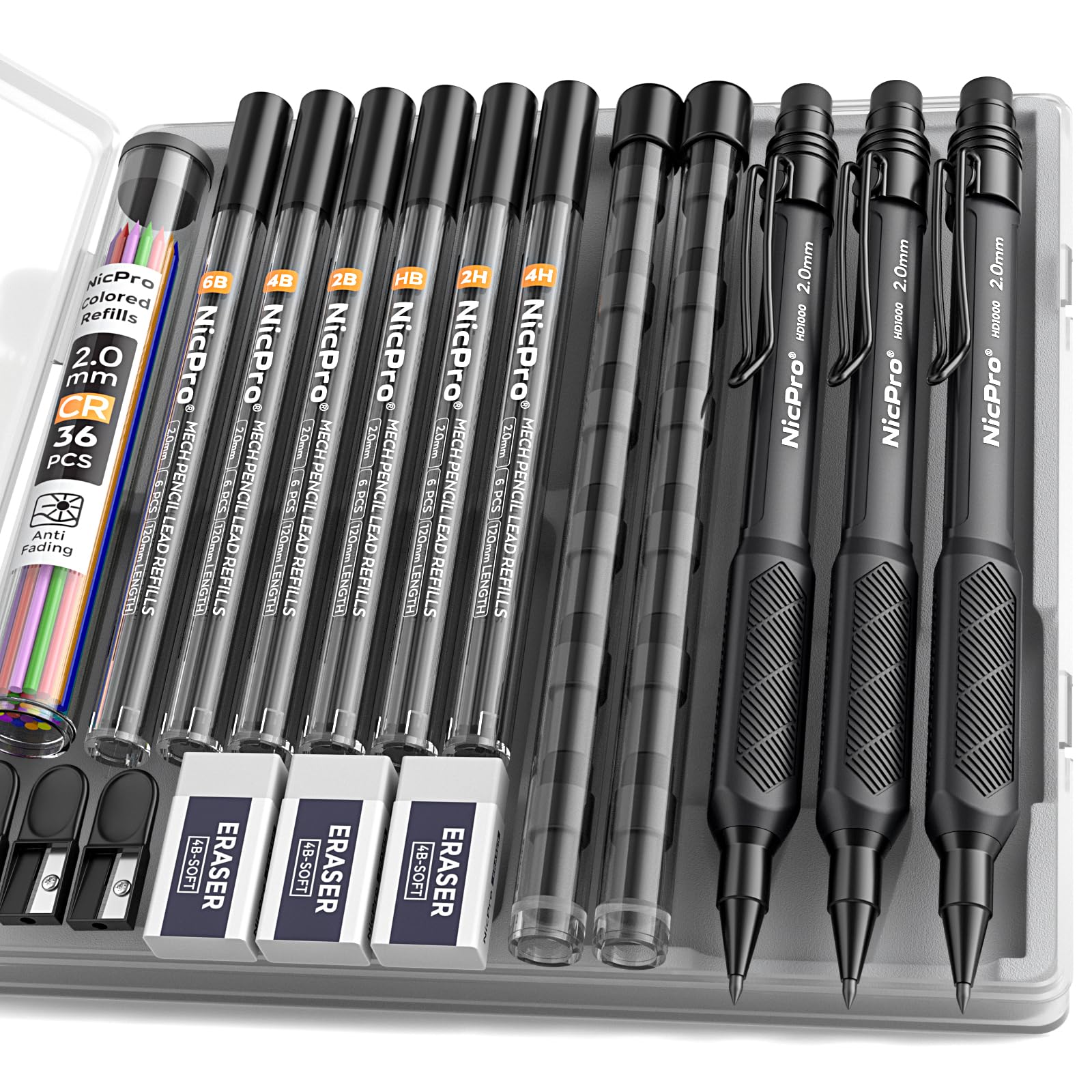 Nicpro 2.0 mm Mechanical Pencil Set, 3PCS Artist Lead Pencil Holder 2mm with 72PCS Lead Refills (4H