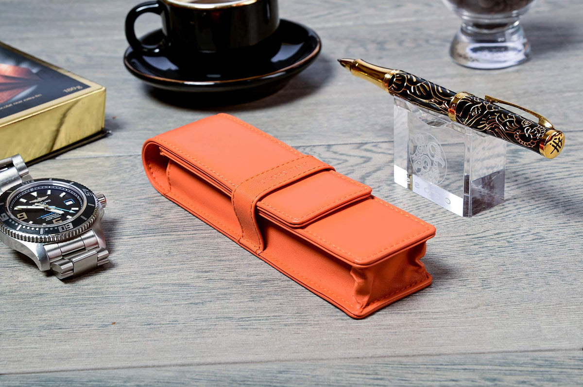 DiLoro Leather Double Pen Case Pencil Pouch Holder for Two Fountain Ballpoint Rollerball Pens and