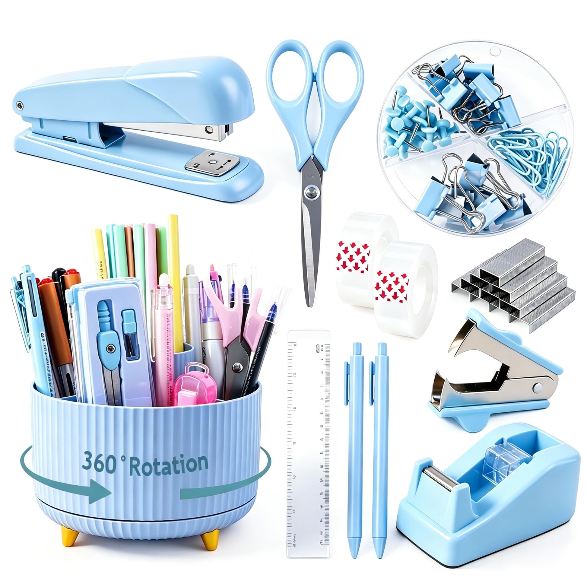 Gawsey Blue Desk Organizers and Accessories with Desk Organizer 360° Rotating Pen Holder and Office