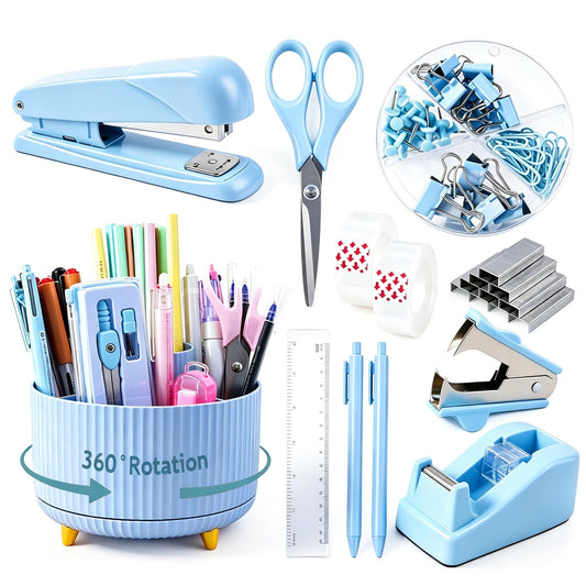 Gawsey Blue Desk Organizers and Accessories with Desk Organizer 360° Rotating Pen Holder and Office