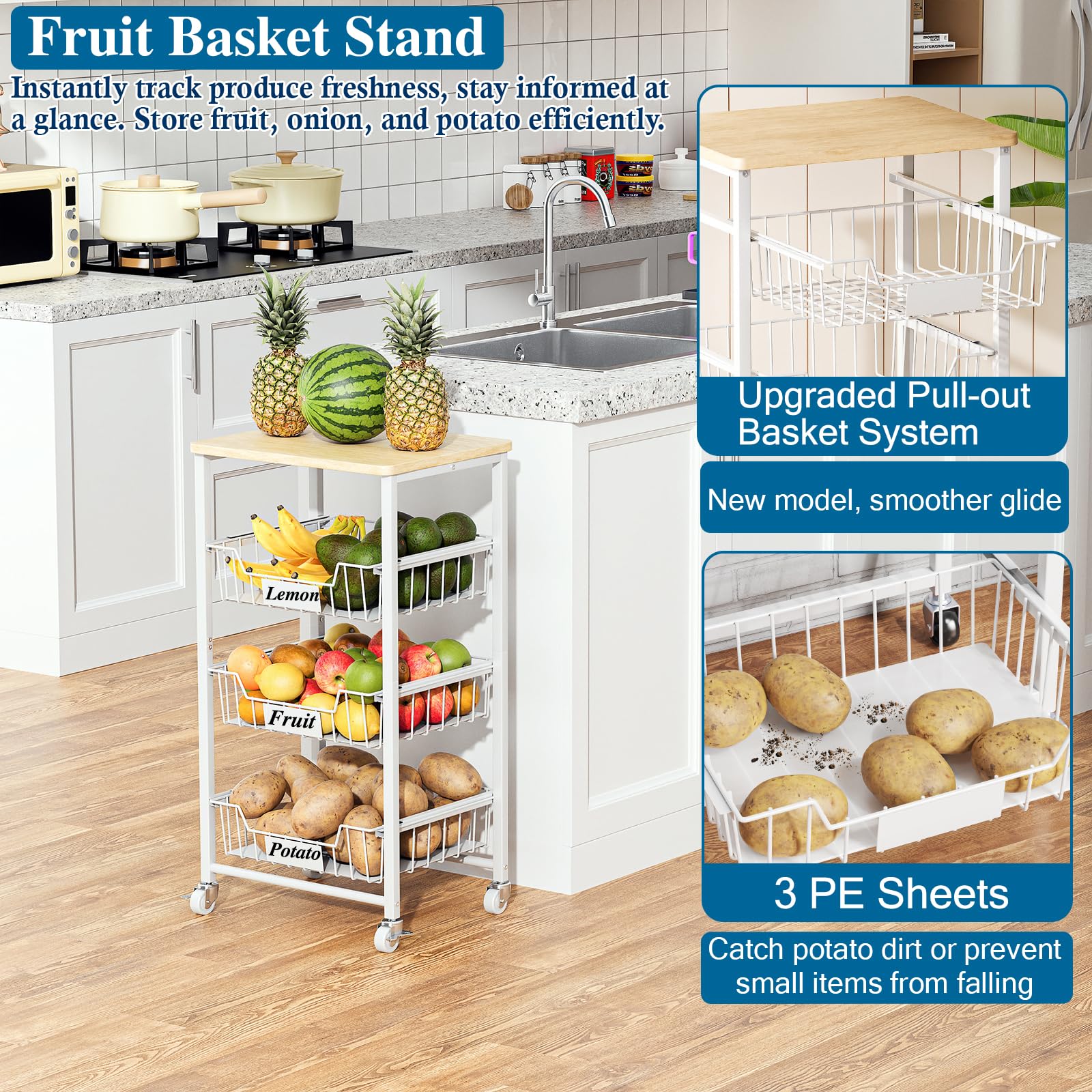 OKZEST 4-Tier Kitchen Storage Cart with 3 Upgraded Drawer Basket & Wood Top