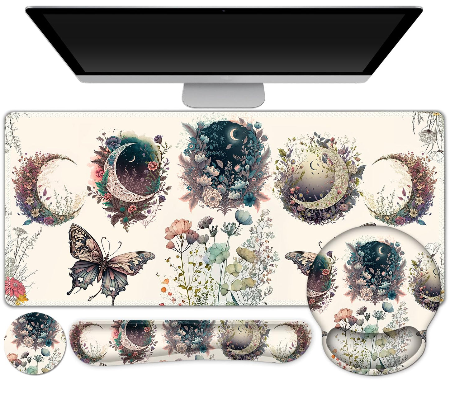 Large Desk Mat, Cute Boho Plants Mouse Pad, Apricot Desk Pad, XXL Mousepad