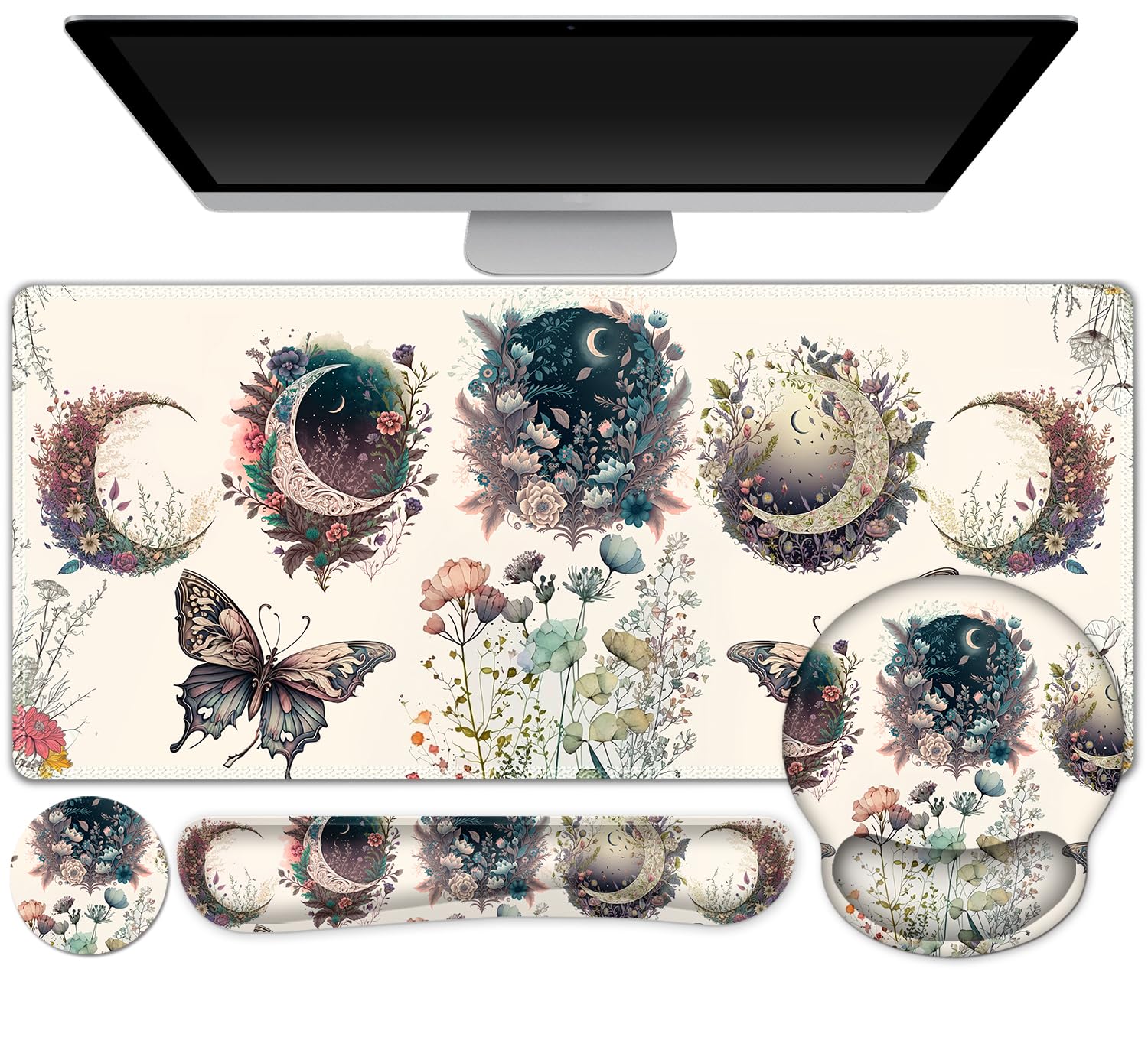 Large Desk Mat, Cute Boho Plants Mouse Pad, Apricot Desk Pad, XXL Mousepad