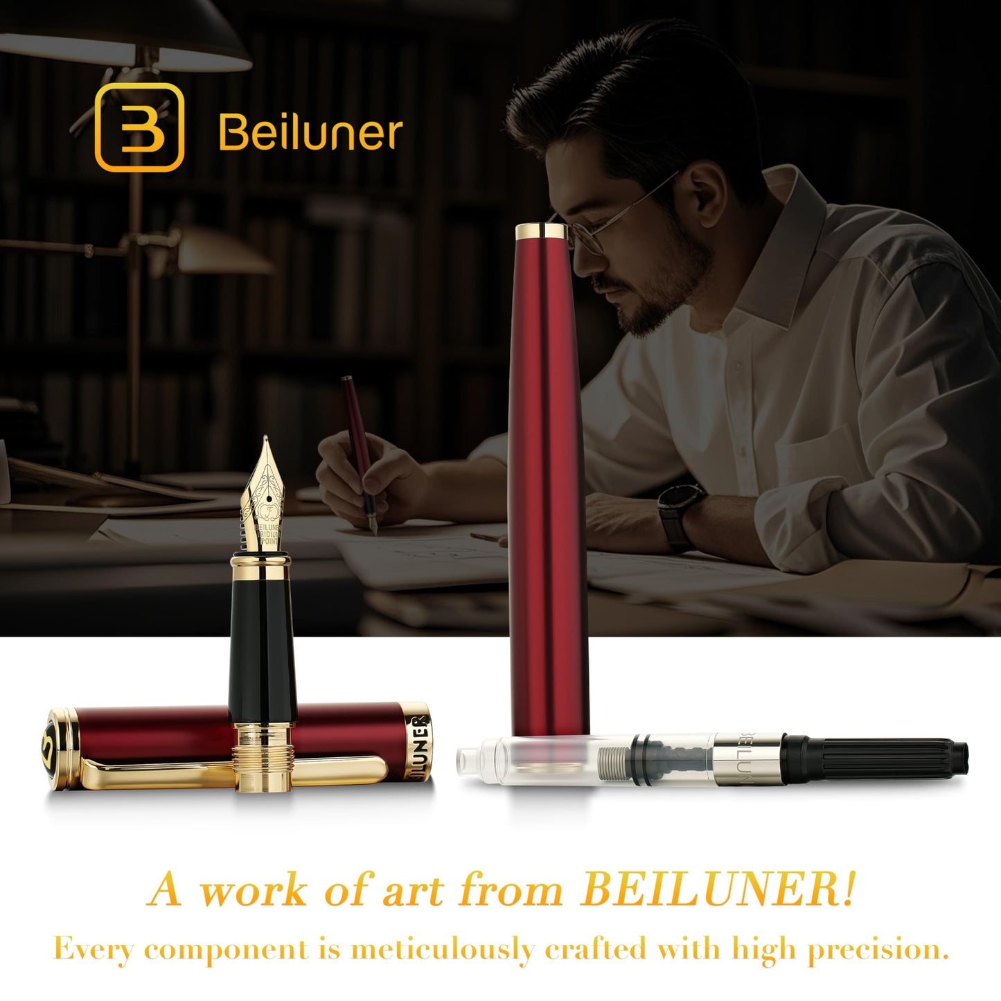 BEILUNER Red Fountain Pen,Stunning Luxury Pens with 24K Gold Finish, Gorgeous 24K Gilded Nib(Fine)