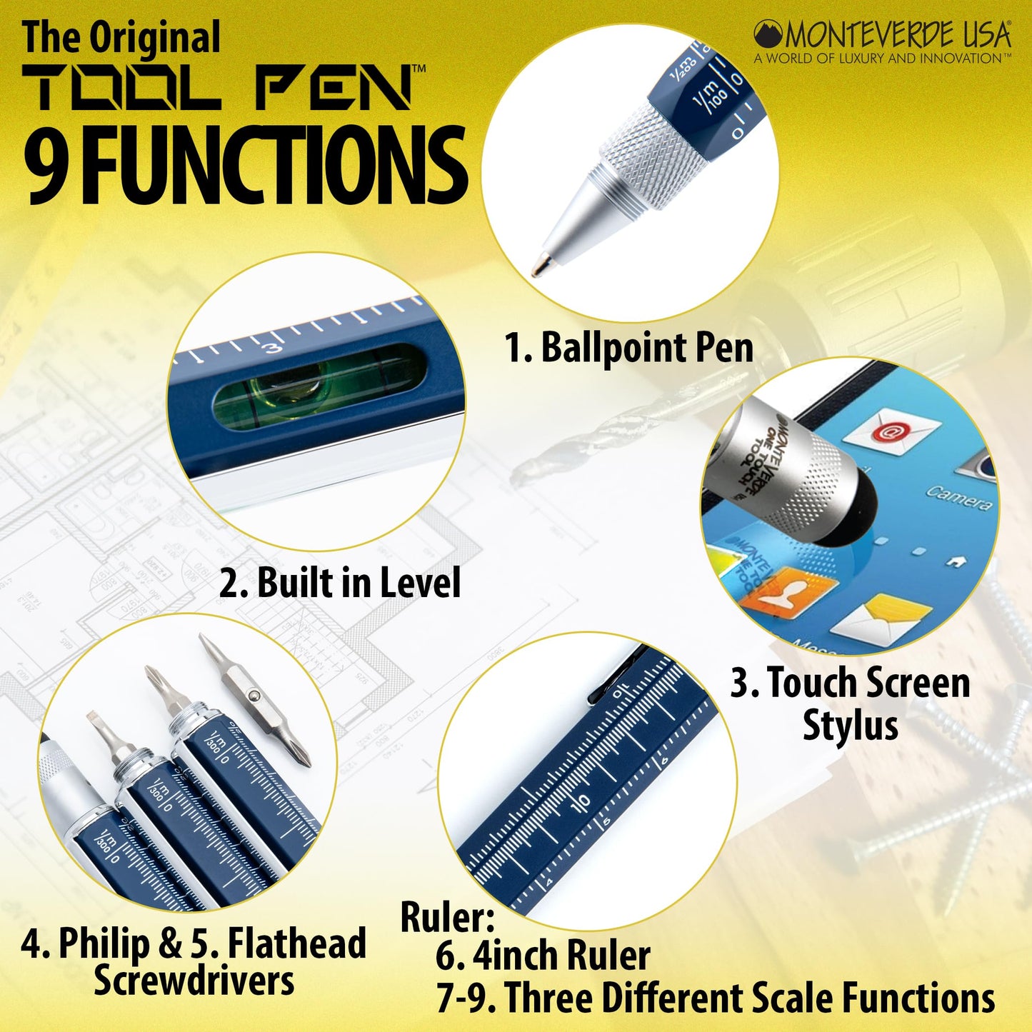 Monteverde USA 9-in-1 Tool Ballpoint Pen in Blue – Multifunctional Pen with Stylus, Screwdrivers