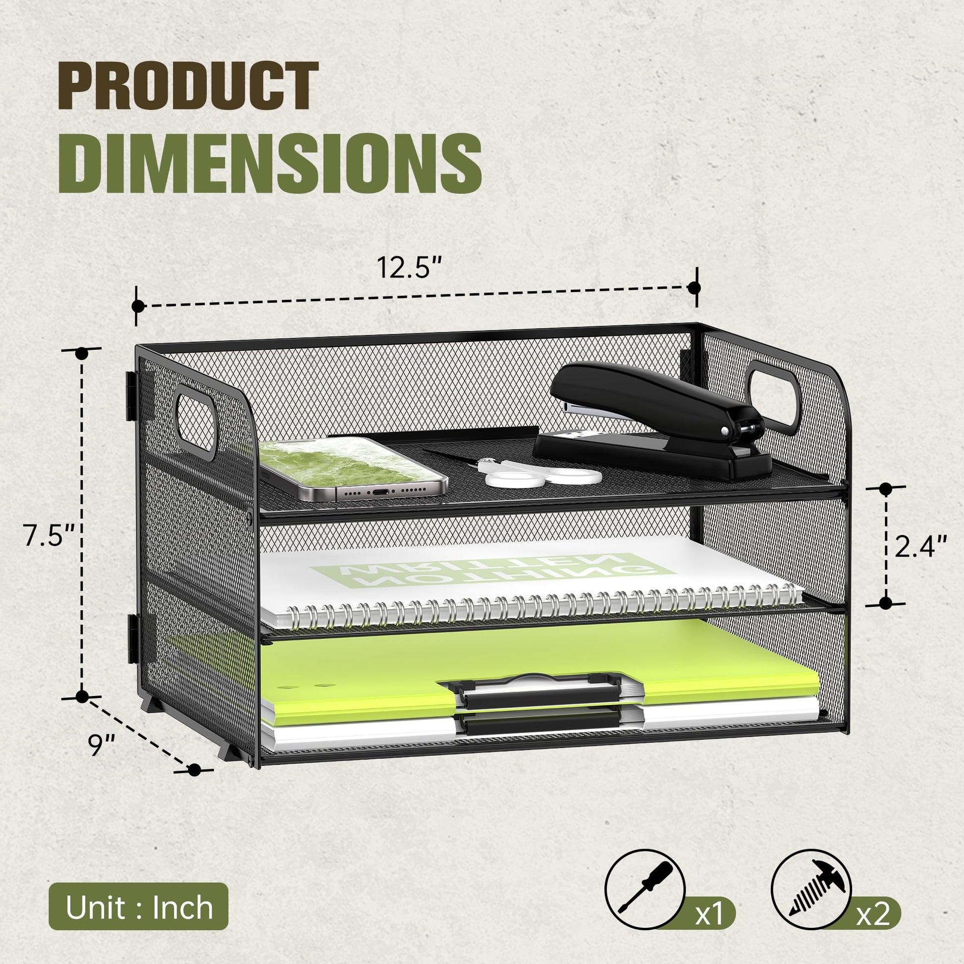 DALTACK 3 Tier Paper Organizer for Desk, Sliding Paper Trays, Black