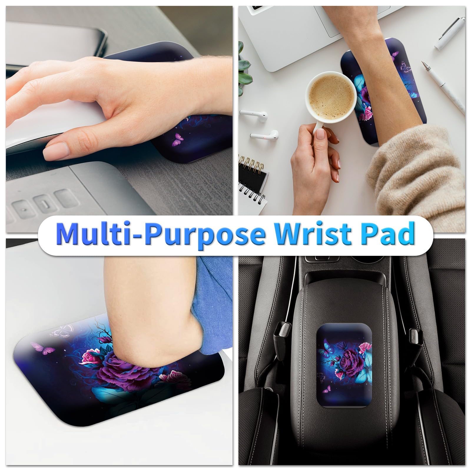 Large Gaming Mouse Pad 27.5 x 11.8 inch & Small Wrist Rests with Coasters and Purple Rose and Blue
