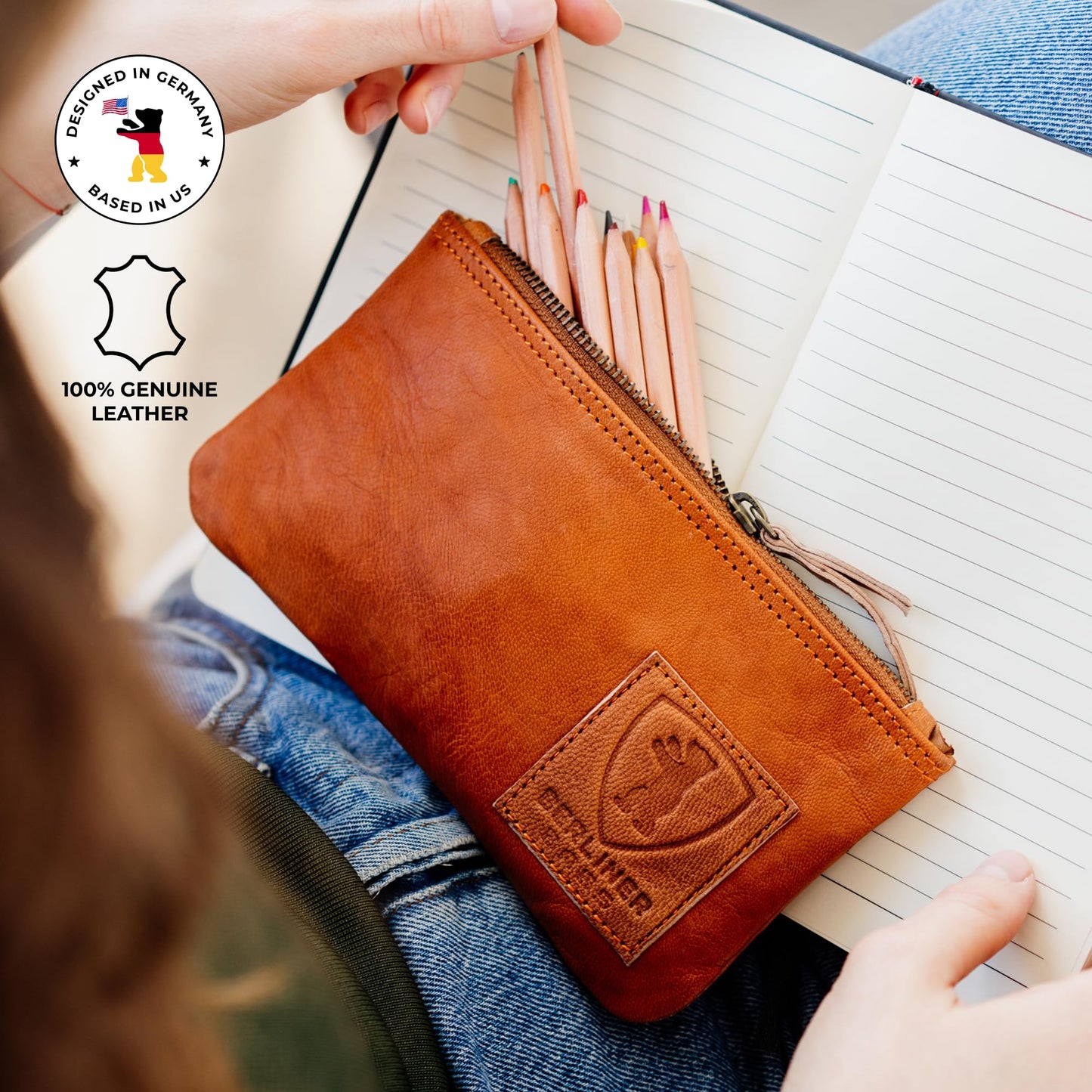 BERLINER BAGS Vintage Leather Pencil Case, Pen Pouch for Work and University or for Tobacco, for