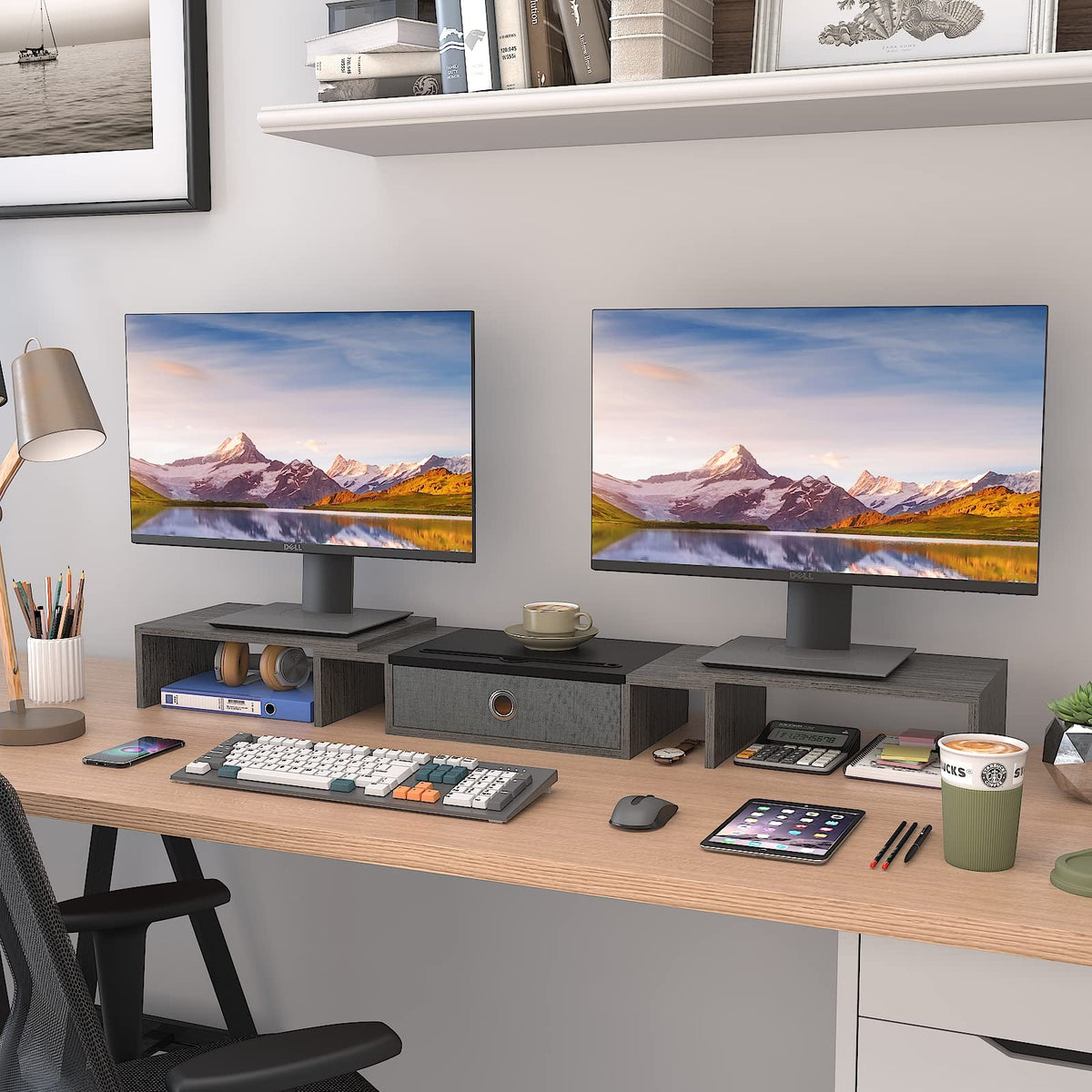 WESTREE Triple Dual Monitor Stand Riser with Drawer,Extra Large Adjustable for 2~3 Monitors,Solt