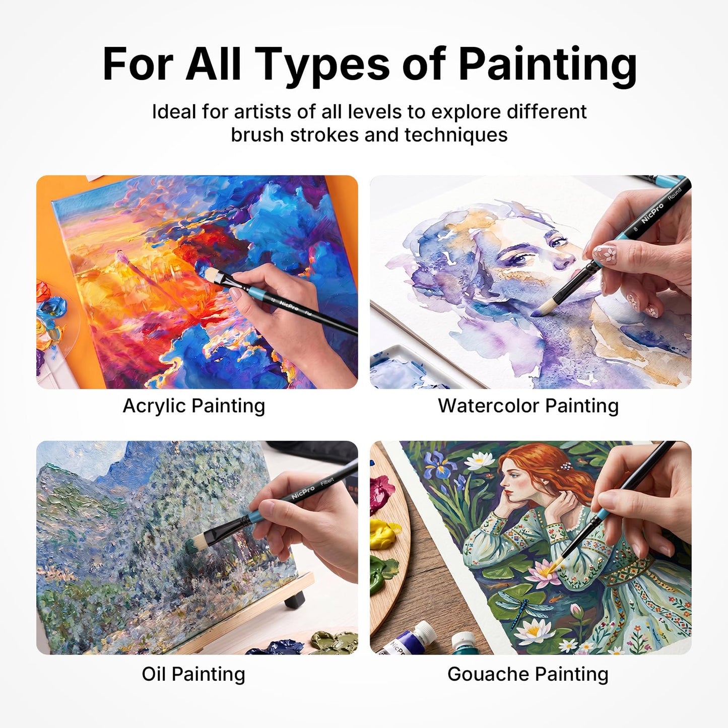 Nicpro 30pcs Paint Brush Set for Acrylic Painting, Oil, Watercolor, Gouache