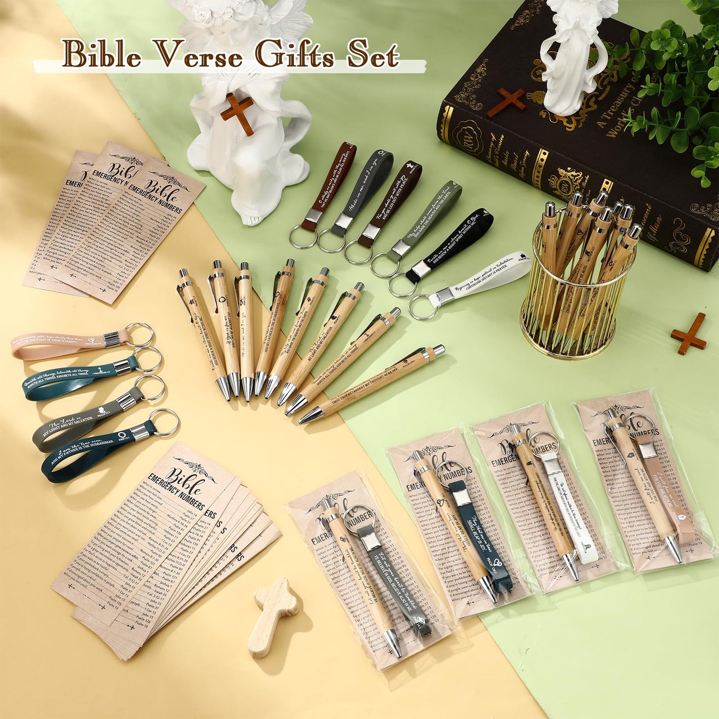 Feifeiya 25 Sets Christian Bulk Pens Bamboo Bible Verse Keychain Bookmark