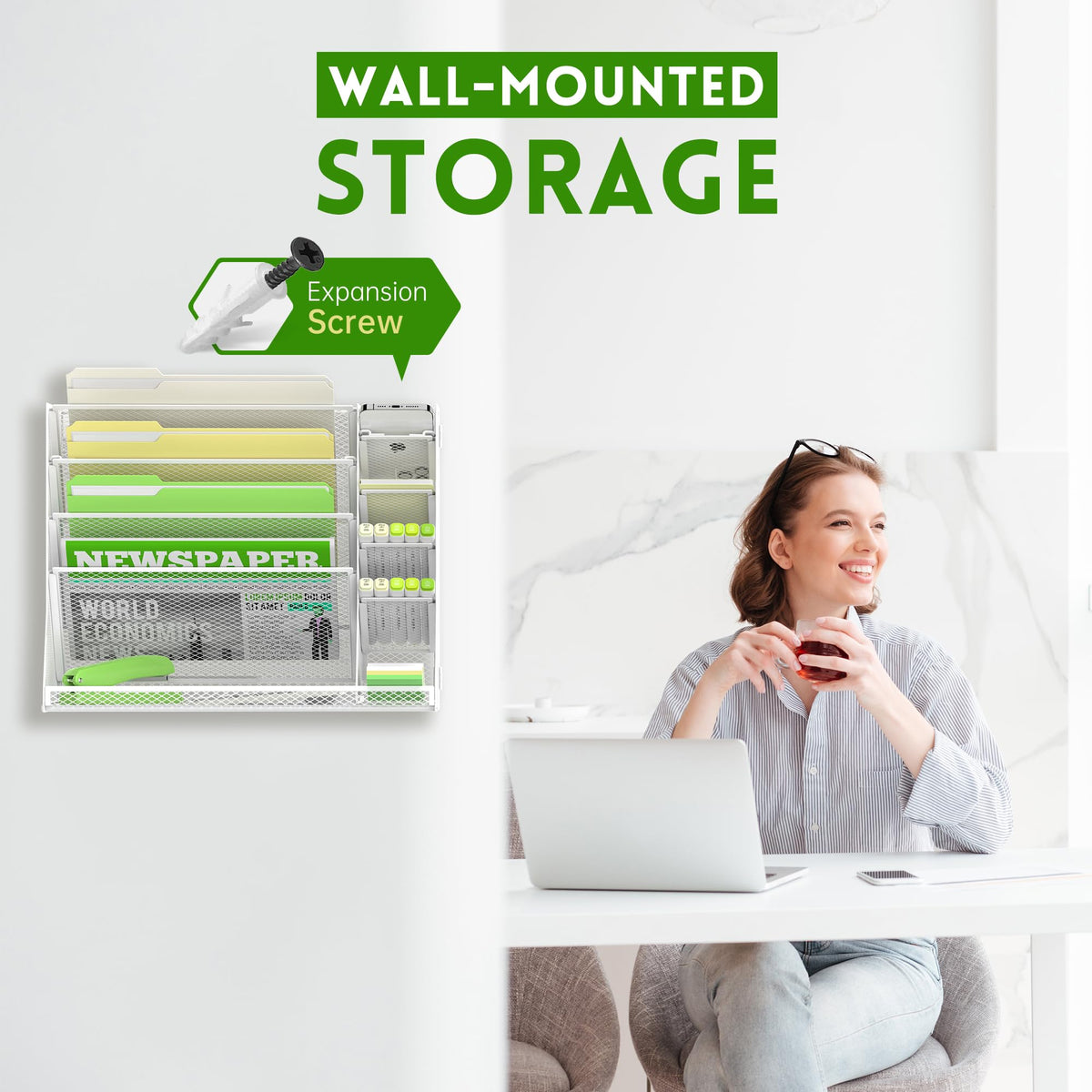 5-Tier Wall File Organizer with 4 Pen Holders and R-Shaped Tray,White