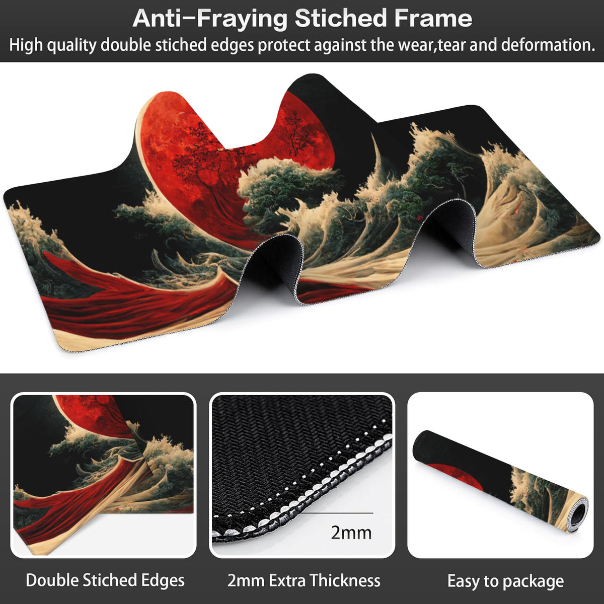 Red Moon Above The Sea Desk Mat,Large Chinese Style Landscape Gaming Keyboard Mouse Pad,Non-Slip