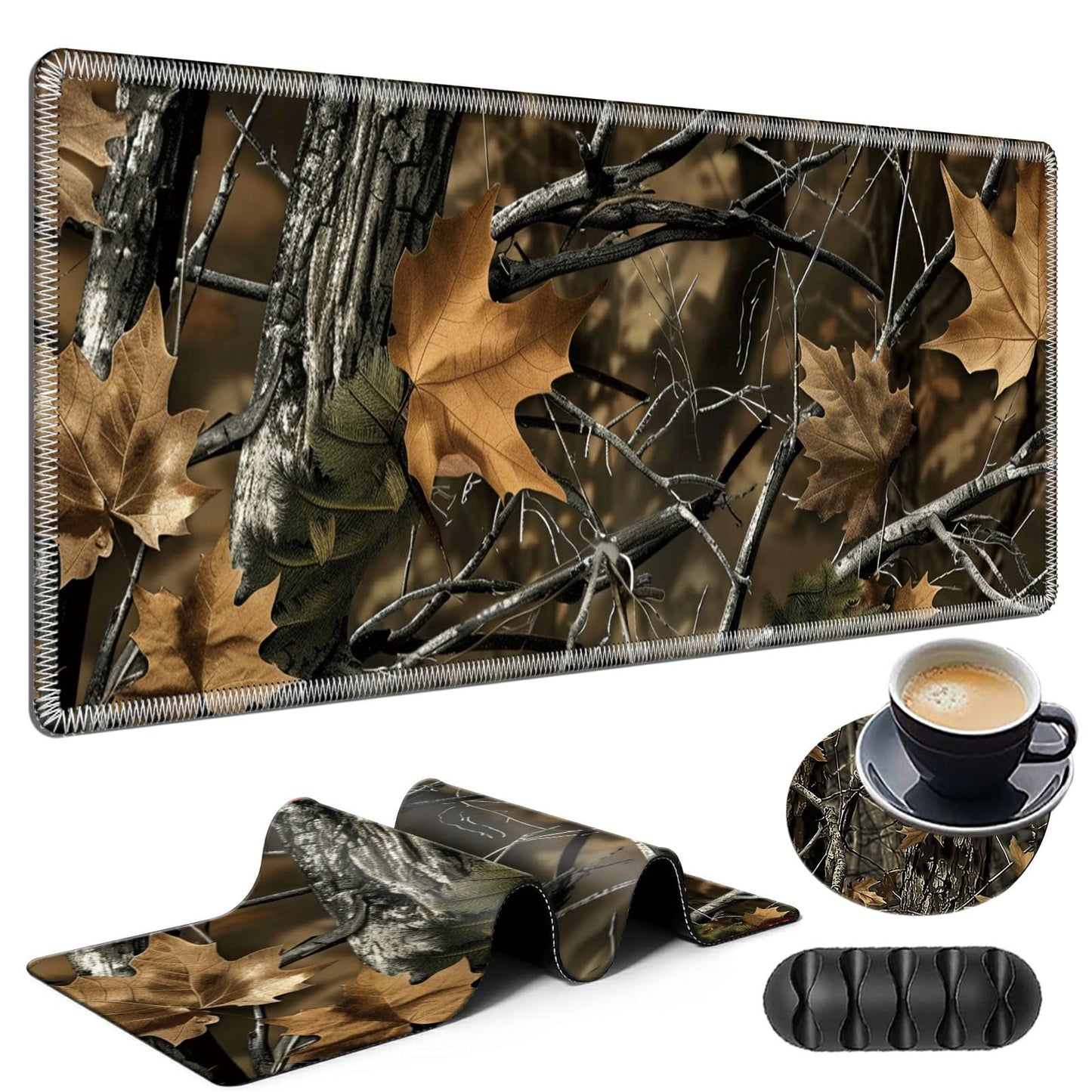 Large Gaming Mouse Pad Plus a Coasters + Cable Clips, Camo Tree Extended Mousepad (31.5 x 11.8)