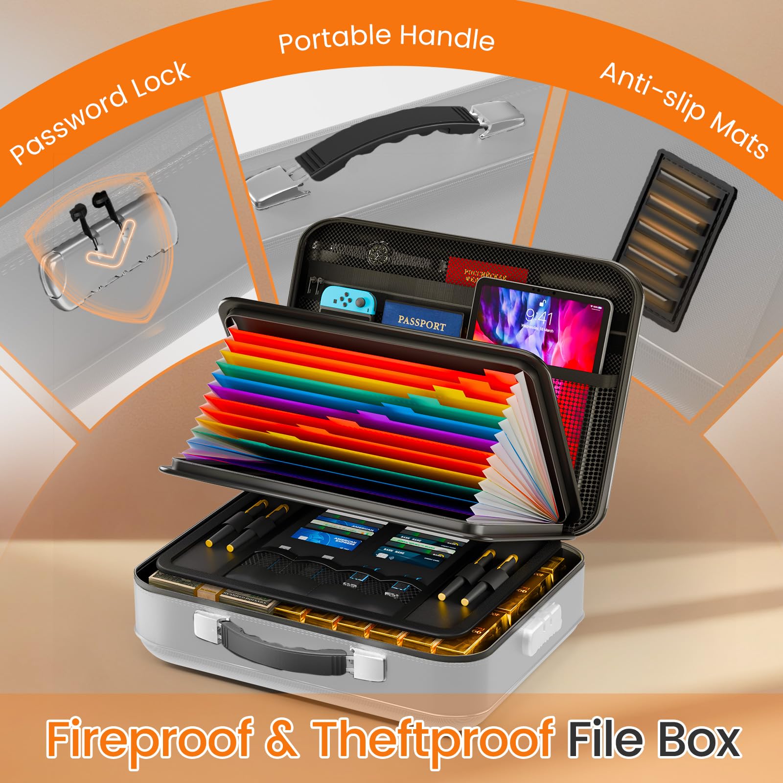 Fireproof Document Box with Lock, 5200°F Fireproof Water Resistant Hard Case File Organizer Safe