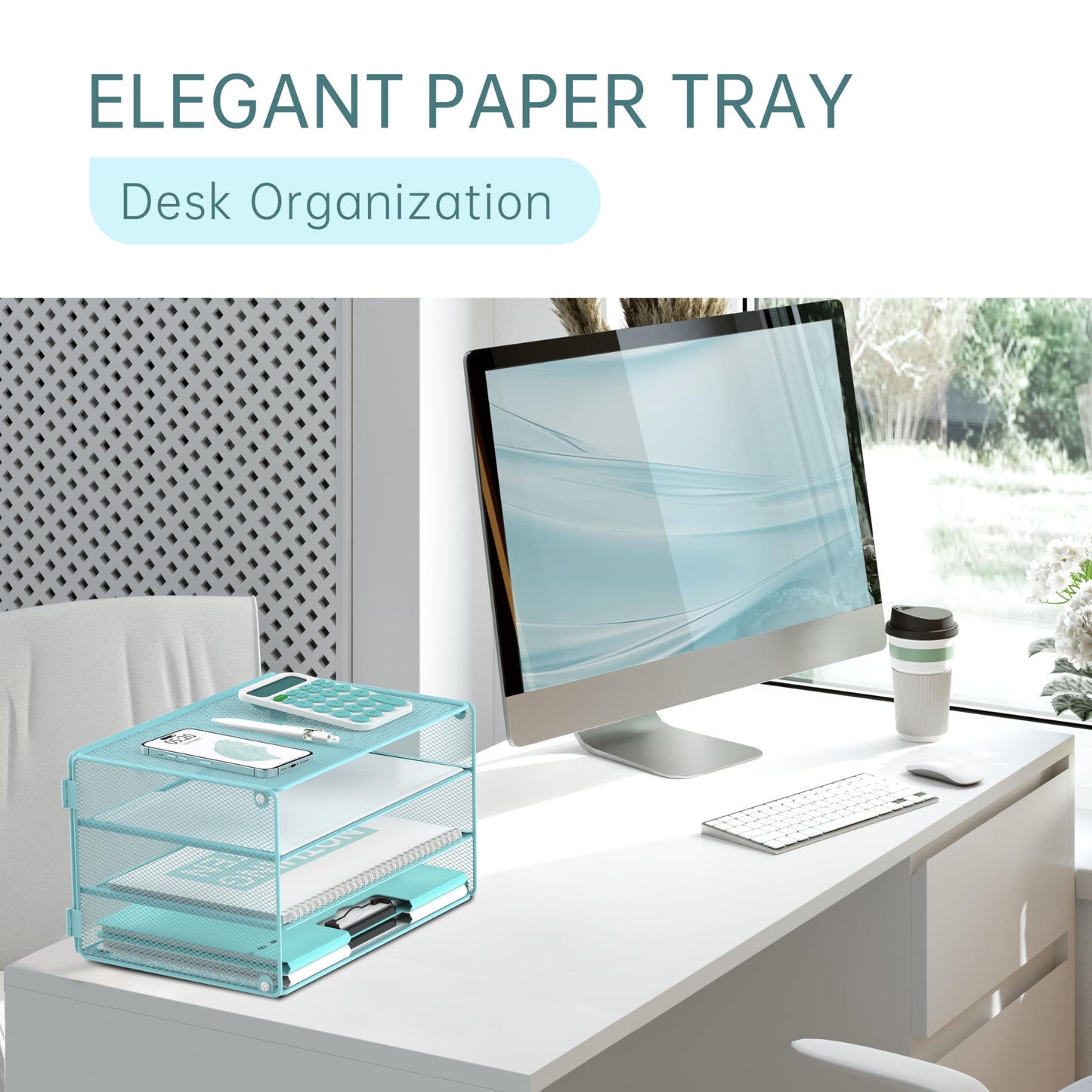 DALTACK 3 Tier Letter Tray Paper Organizer with Sliding Mesh Trays Blue