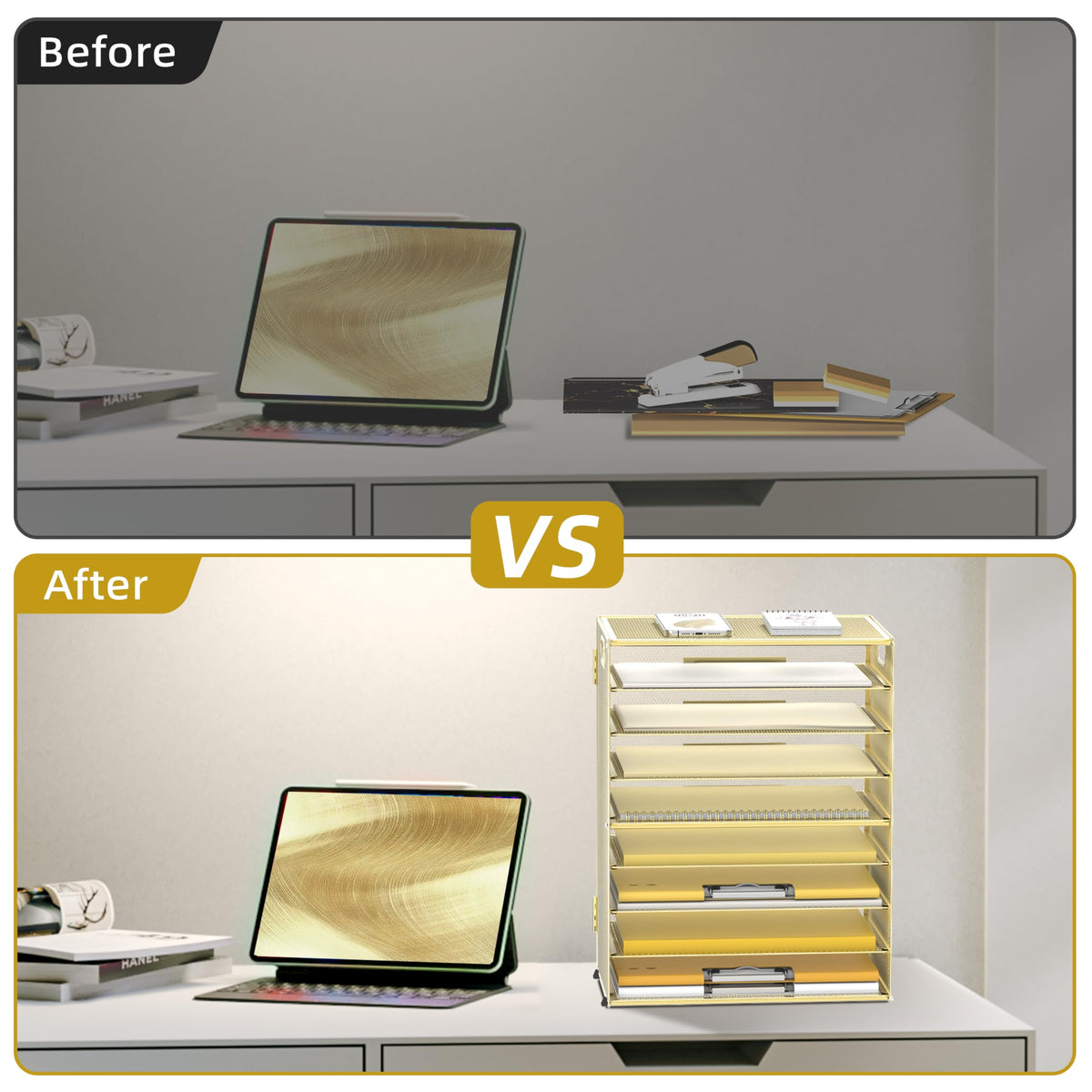 9-Tier Paper Organizer for Desk, Metal Mesh Letter Tray with Handles, Gold