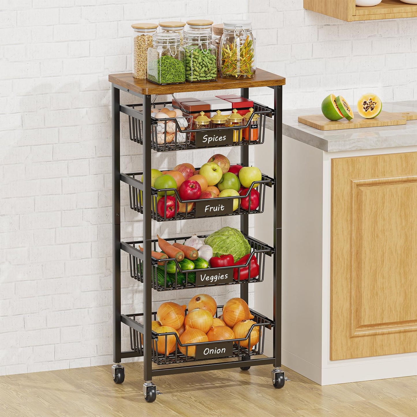 CHLORYARD 5-Tier Vegetable Fruit Basket Kitchen Storage Rolling Cart on Wheels with Pull-Out