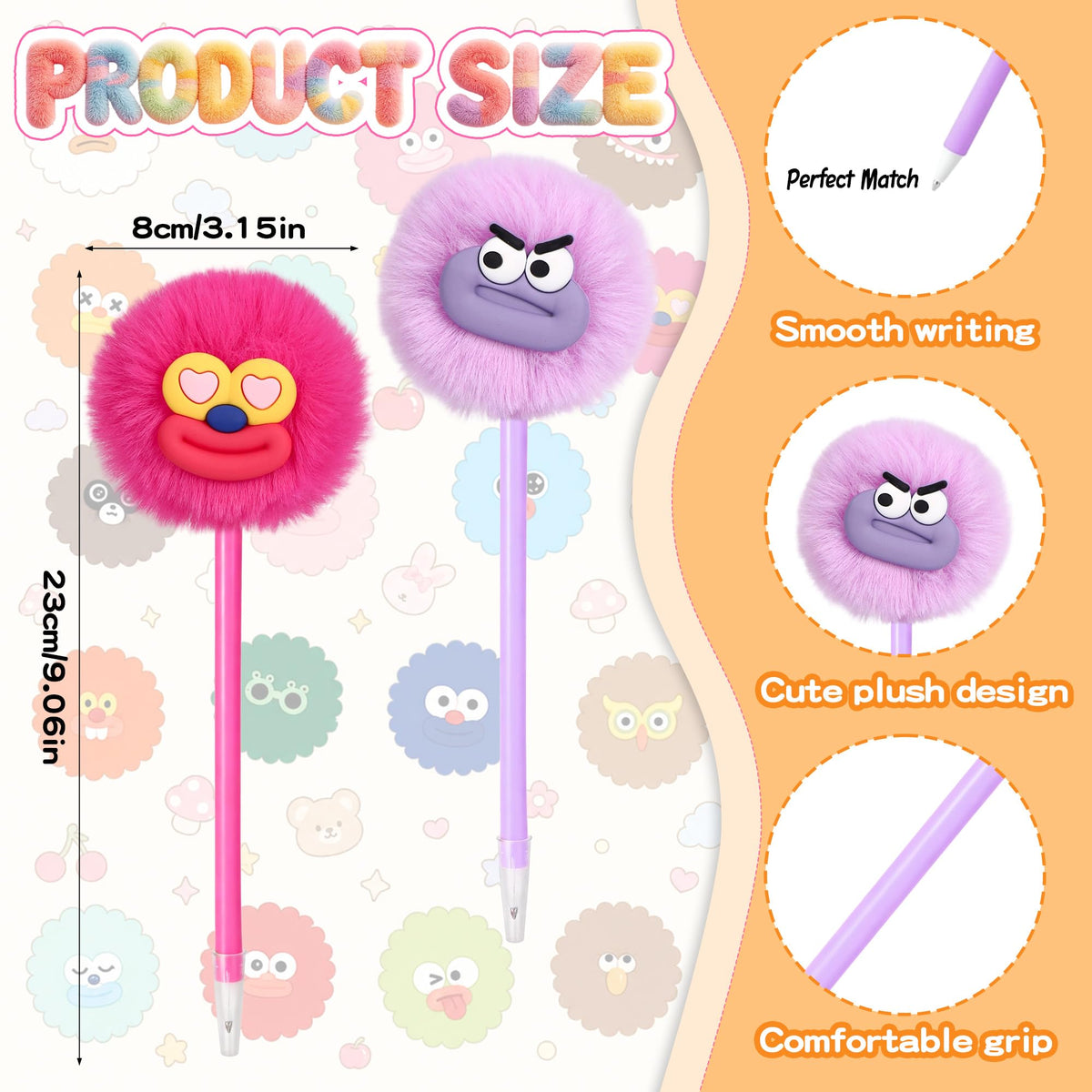 CZWZ 24 Pack Pom Pom Pens Fluffy Cute Pens - Funny Emoji Face Kawaii Plush Novelty Gel Ink Pens