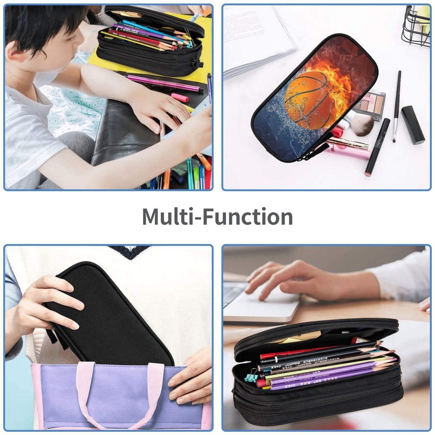 Basketball Pencil Case for Sports Boys Girls, High Capacity Cool Black Pencil Pouch with Zippers
