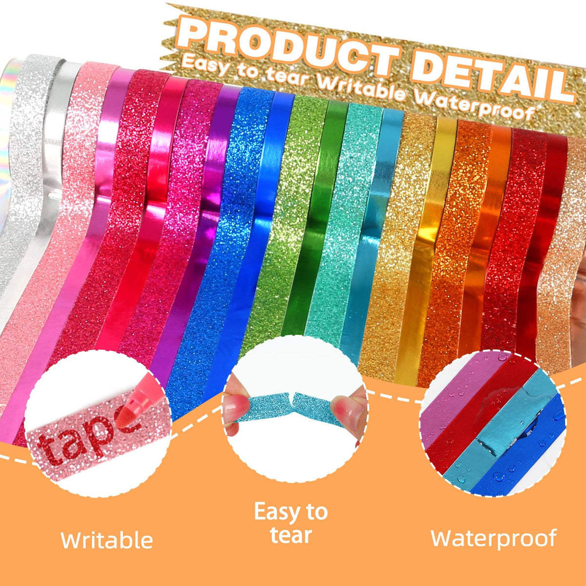 AEBORN Metallic Glitter Washi Tape - 24 Rolls Thin Colored Masking Tape Set, 6mm/10mm Decorative