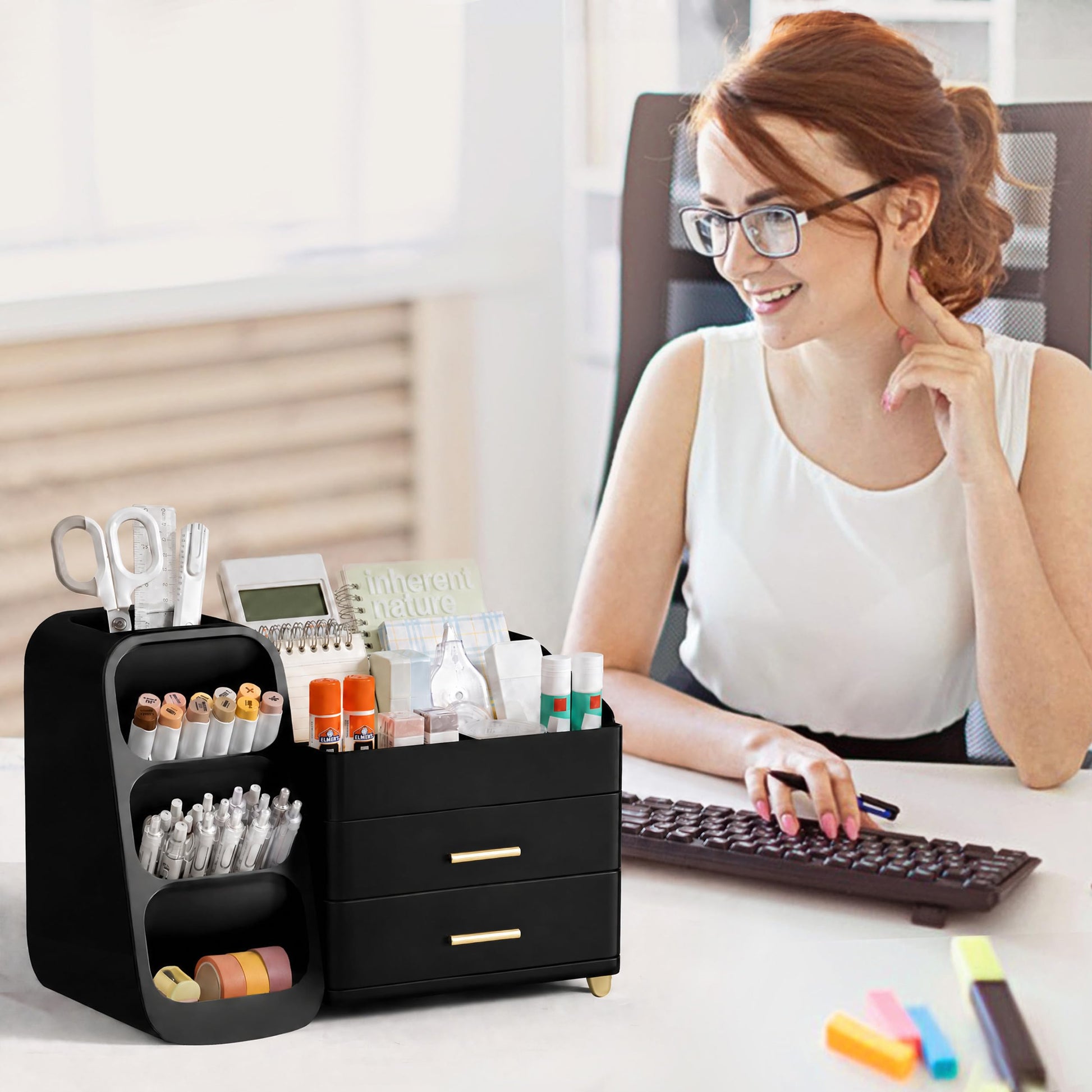 HBlife Desk Organizer with Pen Pencil Holder for Desk, Pen Organizer with 2 Drawers, Desk