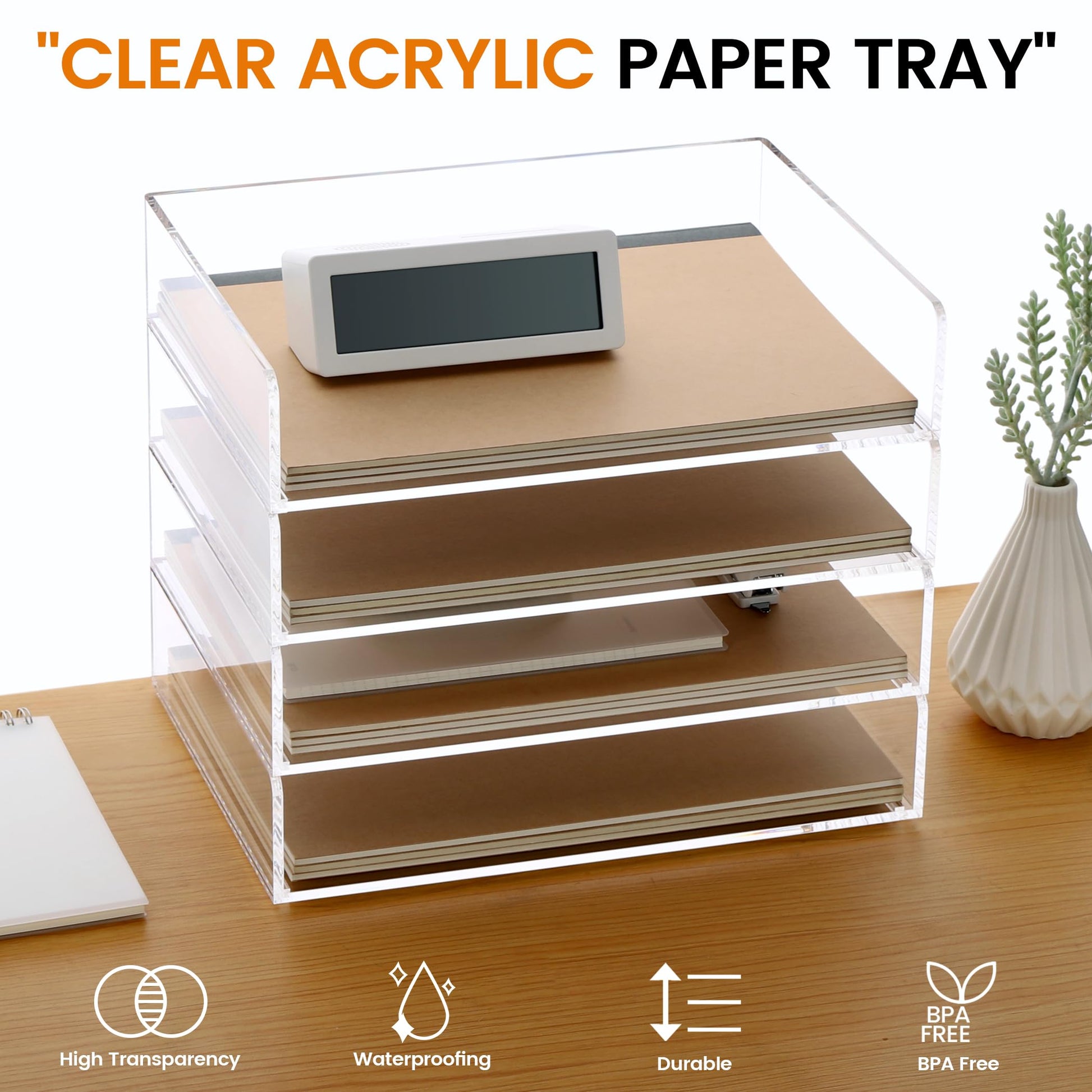 Acrylic Paper Tray, 4 Tier Paper Organizer for Desk, Clear Acrylic Desk Organizers, Stackable
