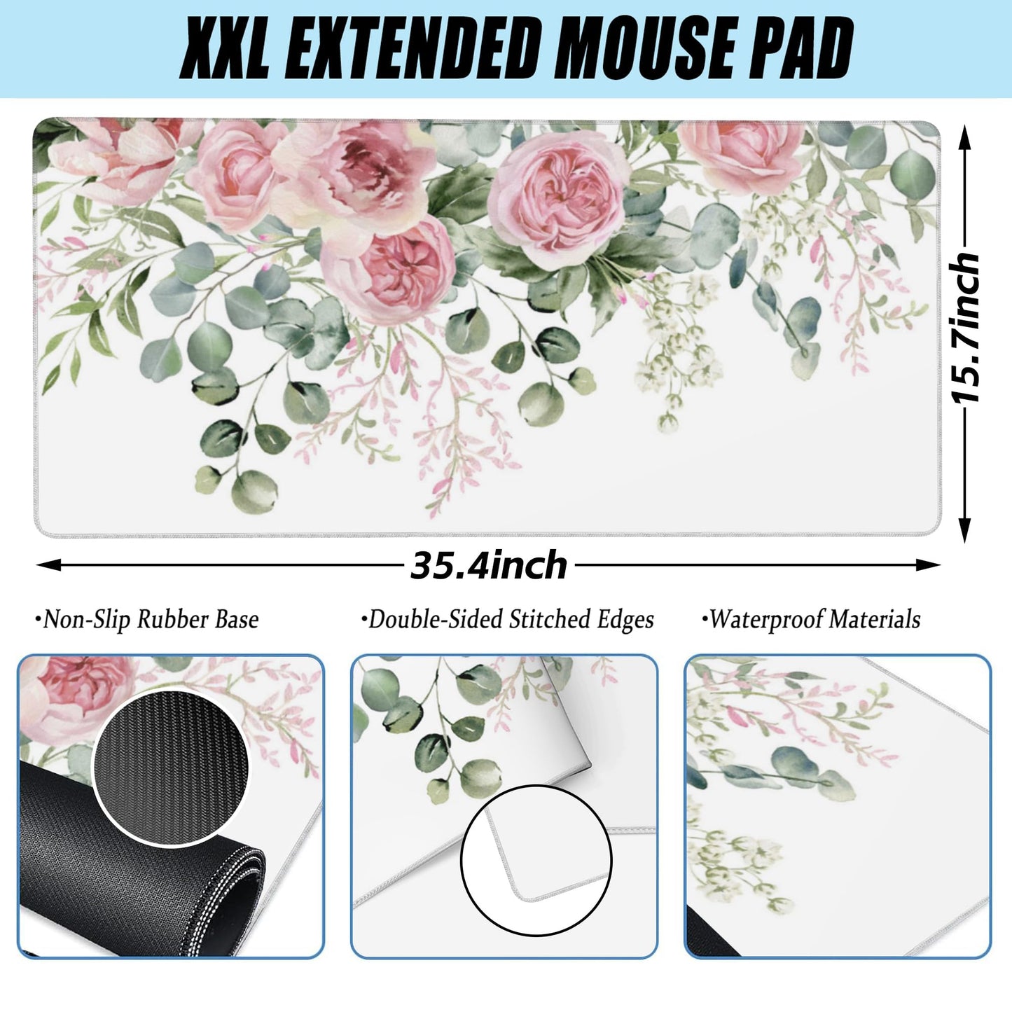 Desk Mat,Peony Flowers and Eucalyptus Leaves Large Gaming Mouse Pad for Desk XXL,Pink Floral Desk