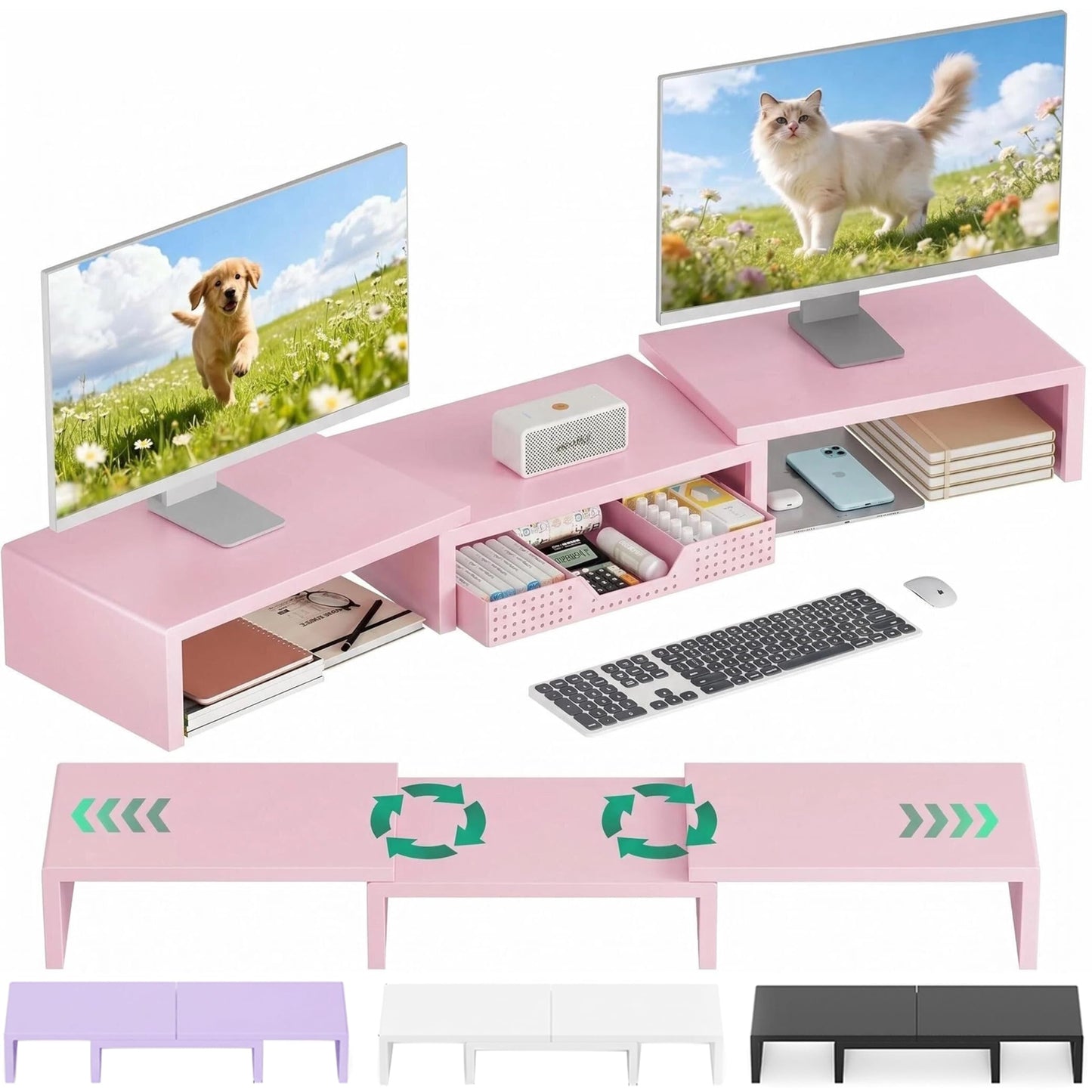 OPNICE Dual Computer Monitor Stand Riser, Desk Organizer with Drawer, Office Desk Accessories &