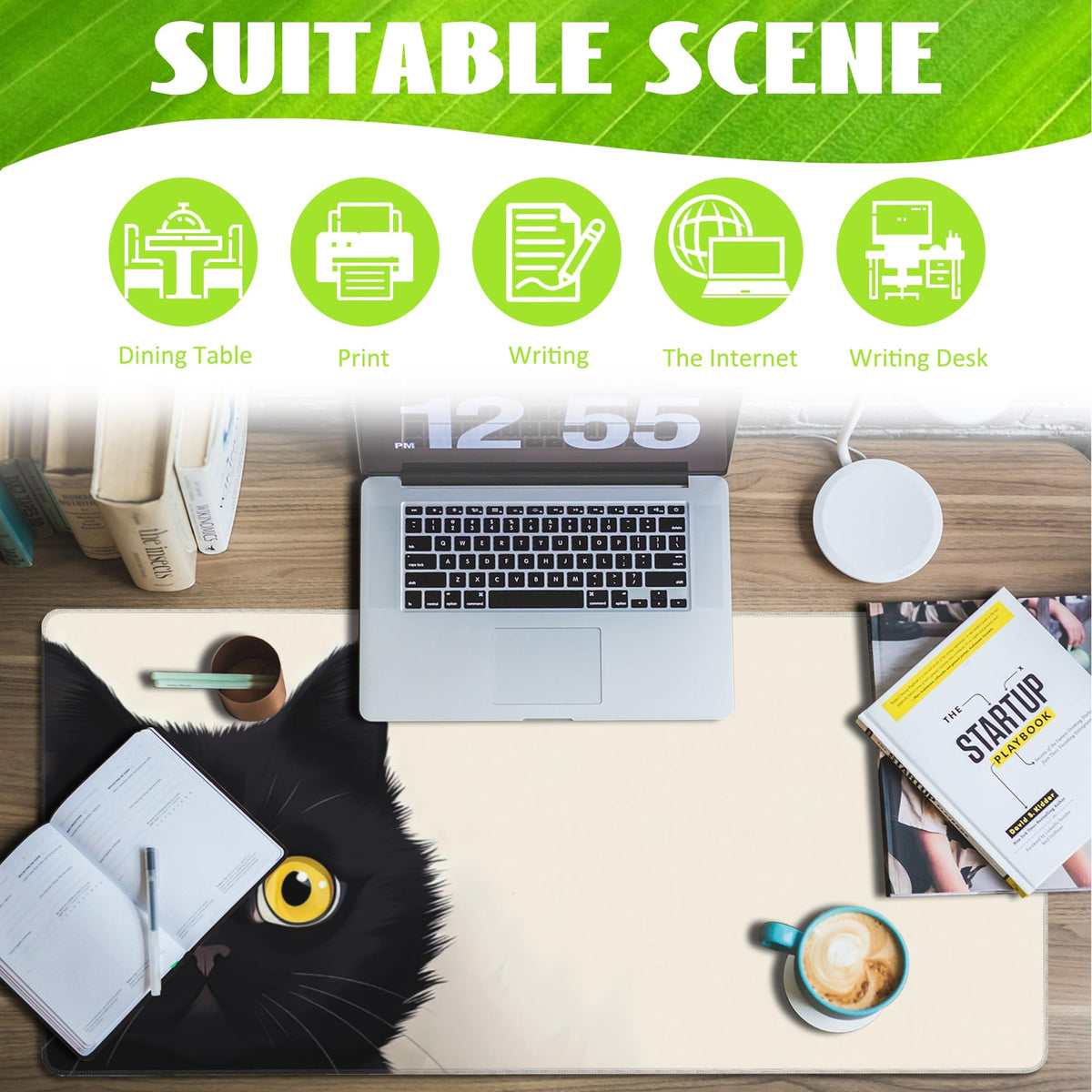 Eflxamz Desk Pad,Black Cat Desk Mat,Cute Cat Large Gaming Mouse Pad for Desk,Extended Big Computer