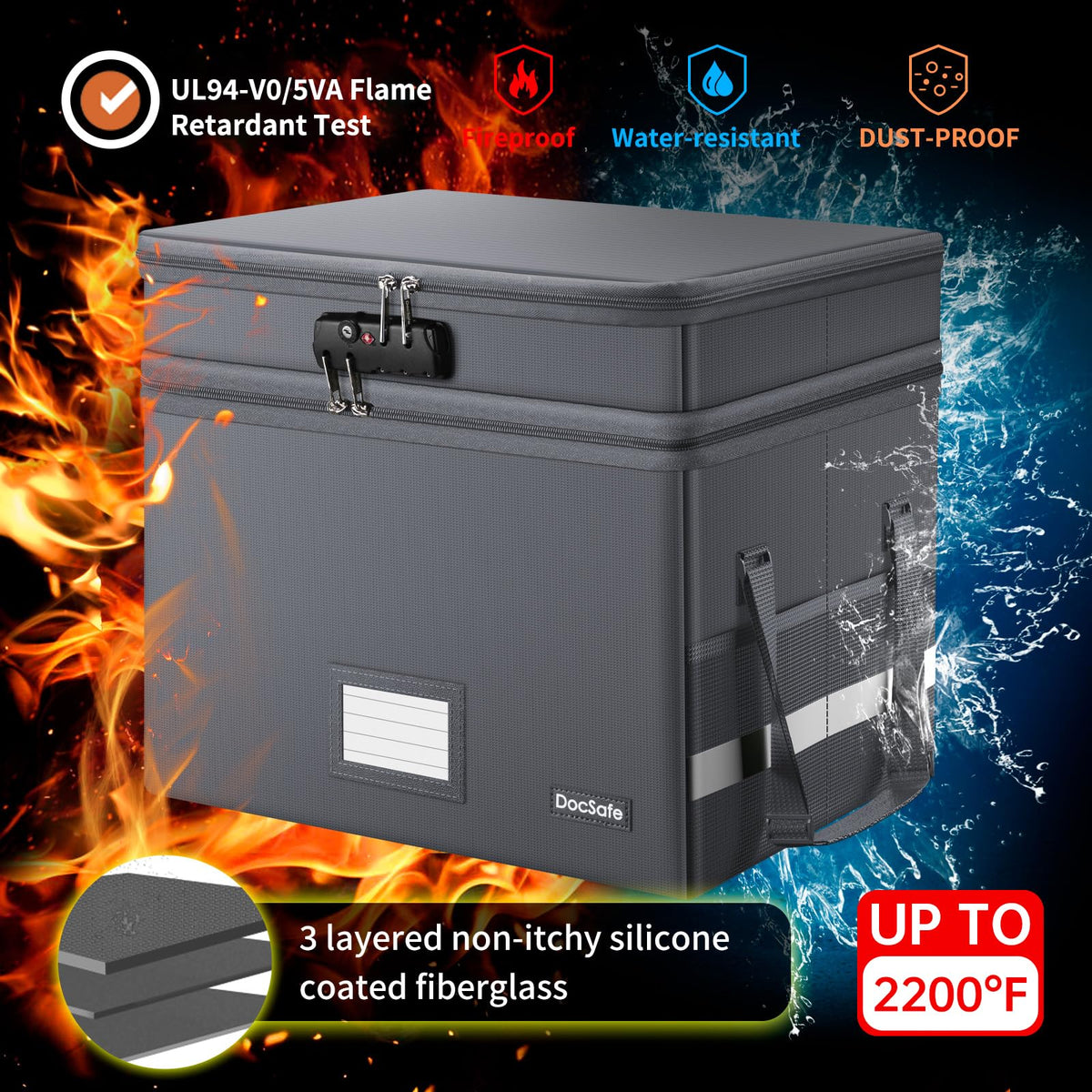 DocSafe File Box with Lock,Multi-Layer Fireproof Document Box Collapsible File Storage Organizer