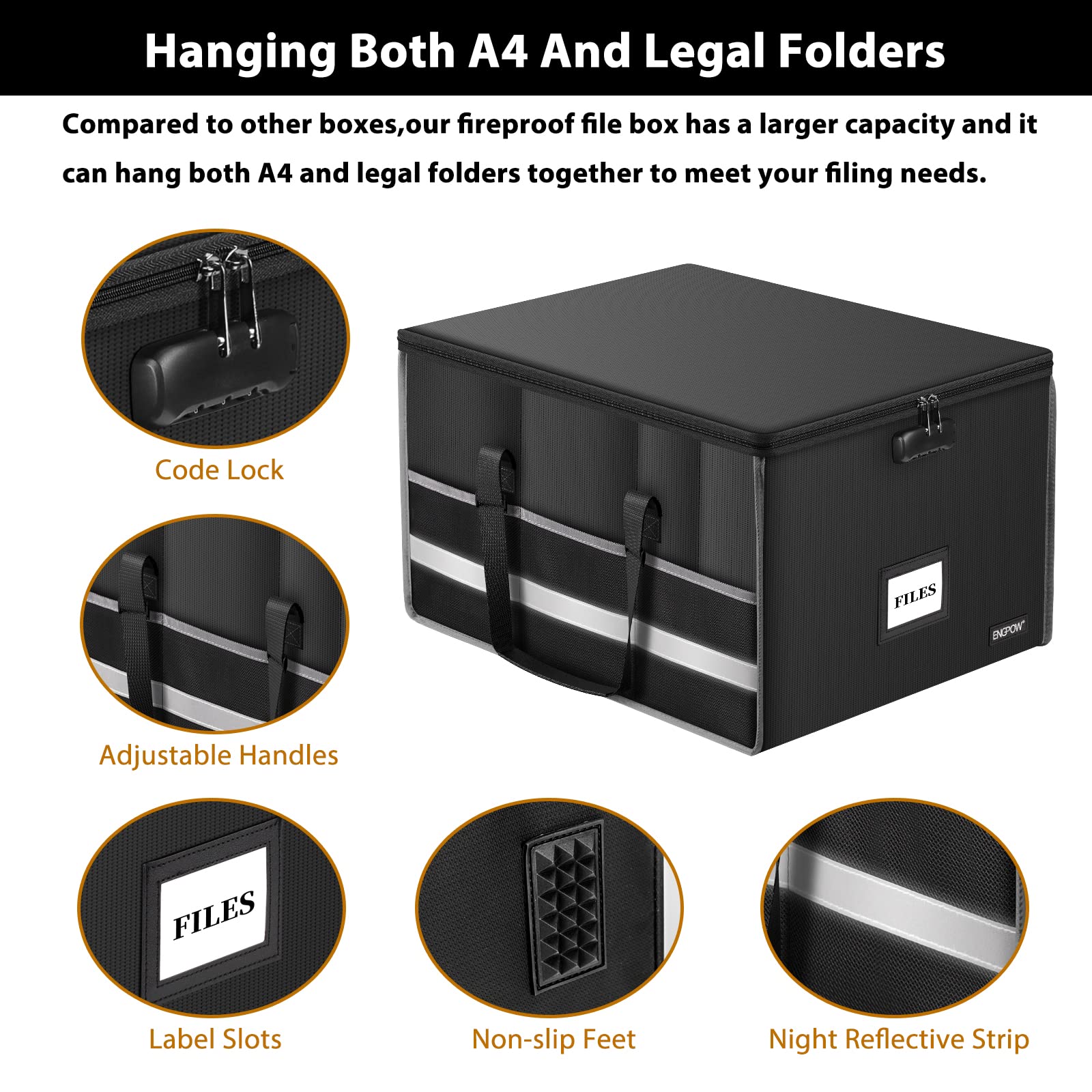 ENGPOW Large Fireproof Document Box with Lock＆Multi Pockets, 19"x16"x11"