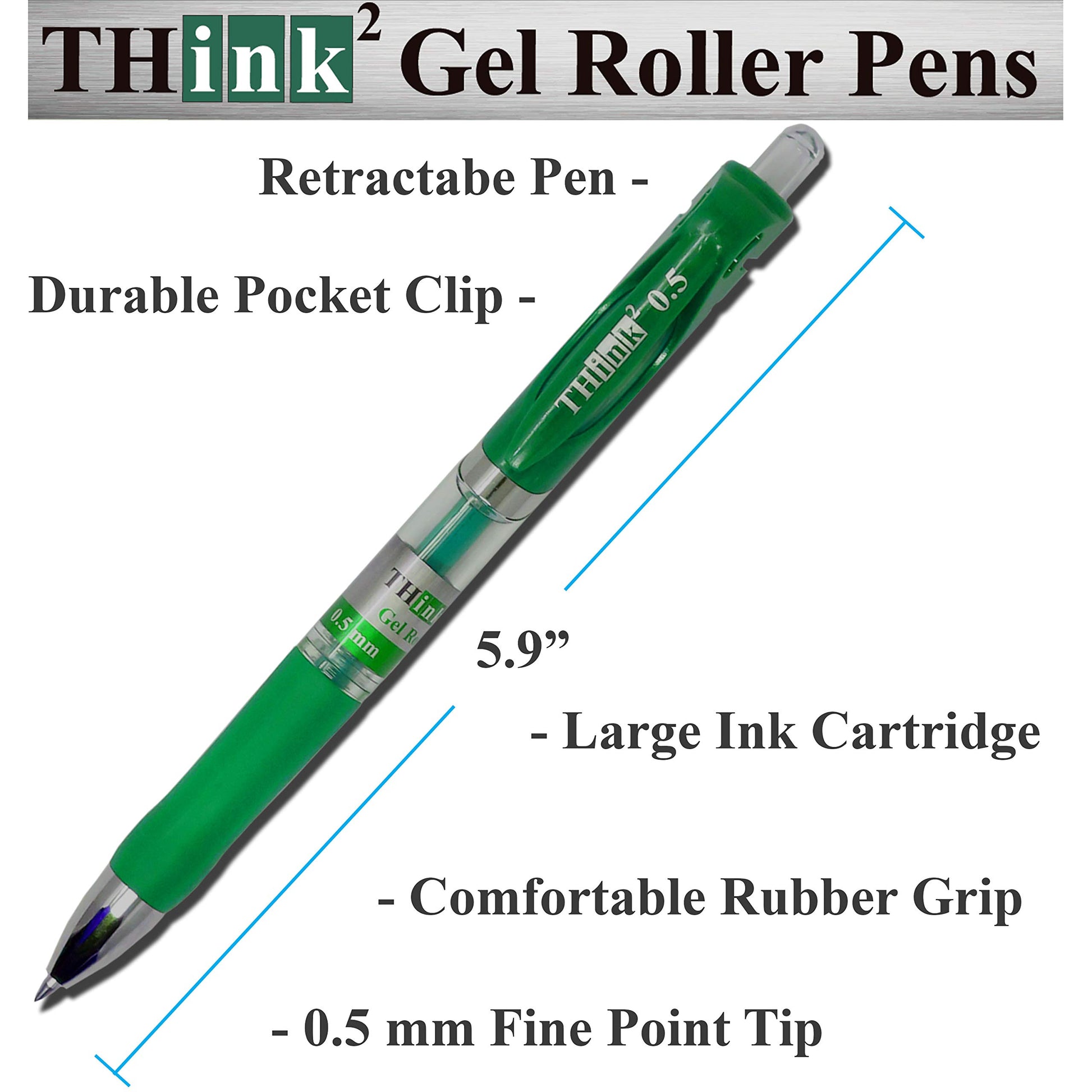 [24 Pens - Green Ink] Think2 Retractable Gel Pens. (24 Green) Fine Point (0.5mm) Rollerball Pens